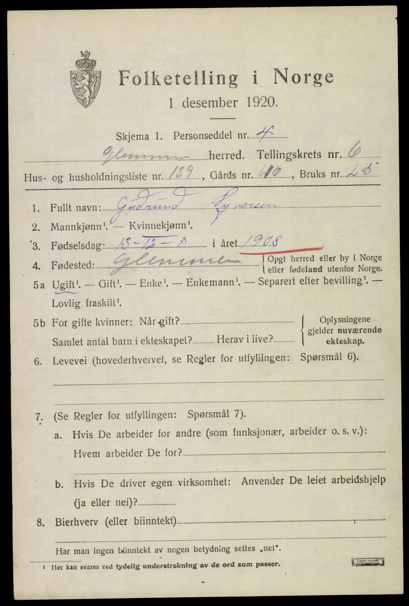 SAO, 1920 census for Glemmen, 1920, p. 21045