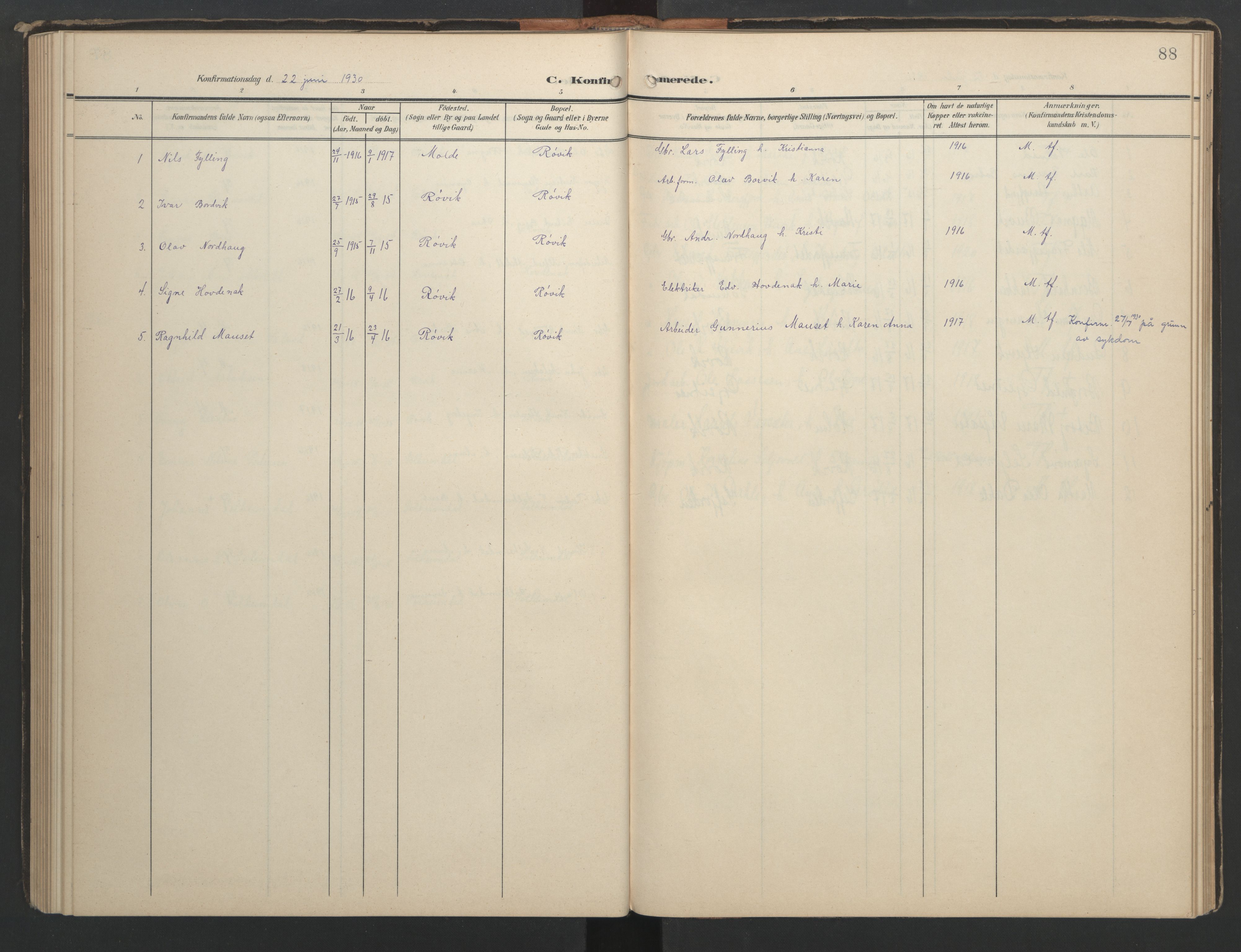 Ministerialprotokoller, klokkerbøker og fødselsregistre - Møre og Romsdal, AV/SAT-A-1454/556/L0677: Parish register (copy) no. 556C01, 1907-1953, p. 88