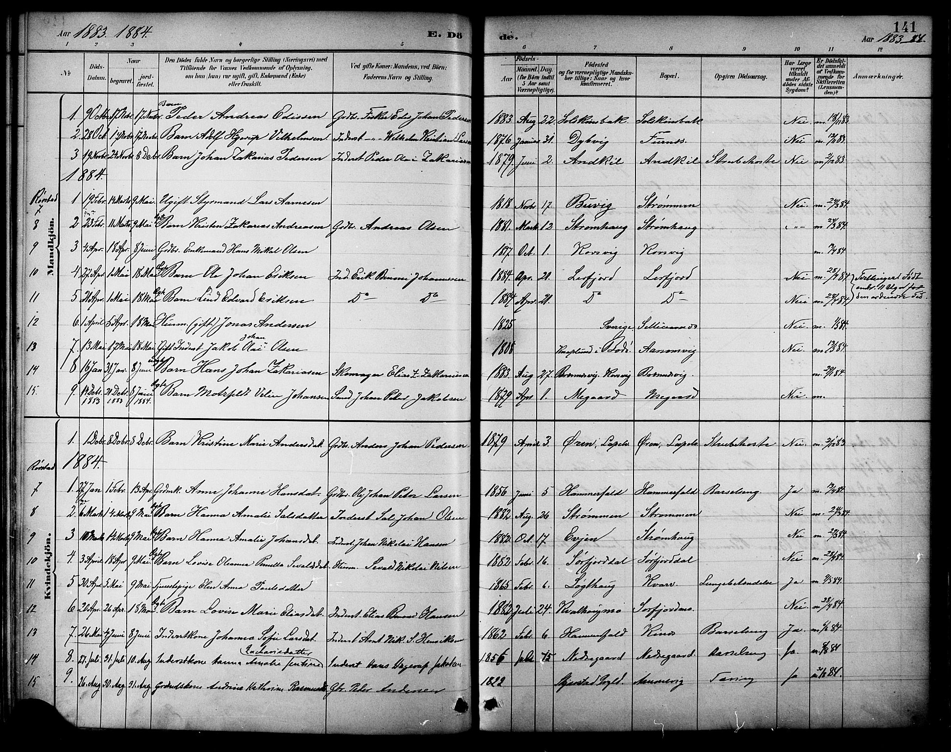 Ministerialprotokoller, klokkerbøker og fødselsregistre - Nordland, AV/SAT-A-1459/854/L0777: Parish register (official) no. 854A01 /1, 1883-1891, p. 141