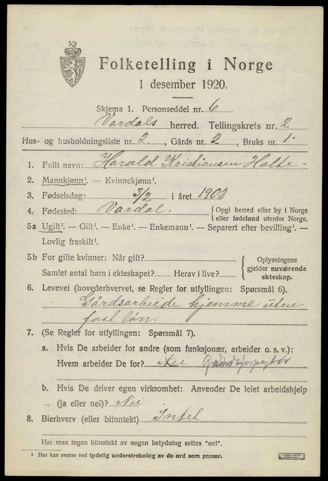 SAH, 1920 census for Vardal, 1920, p. 2455