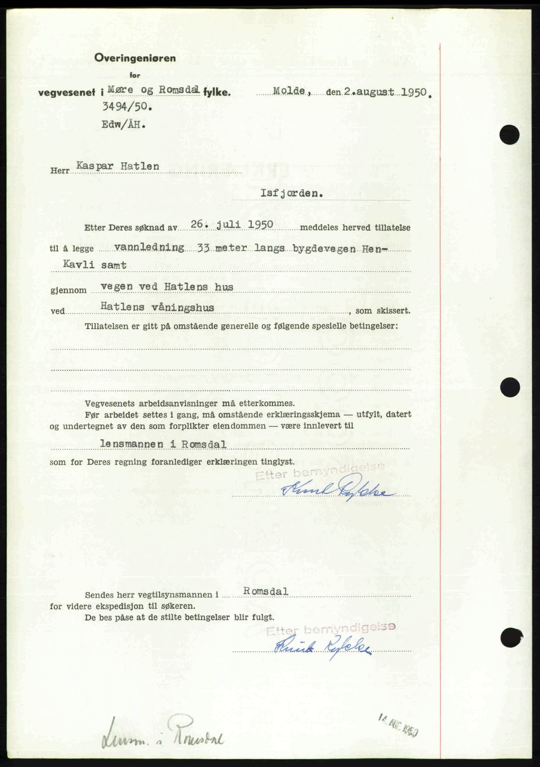 Romsdal sorenskriveri, AV/SAT-A-4149/1/2/2C: Mortgage book no. A34, 1950-1950, Diary no: : 2498/1950