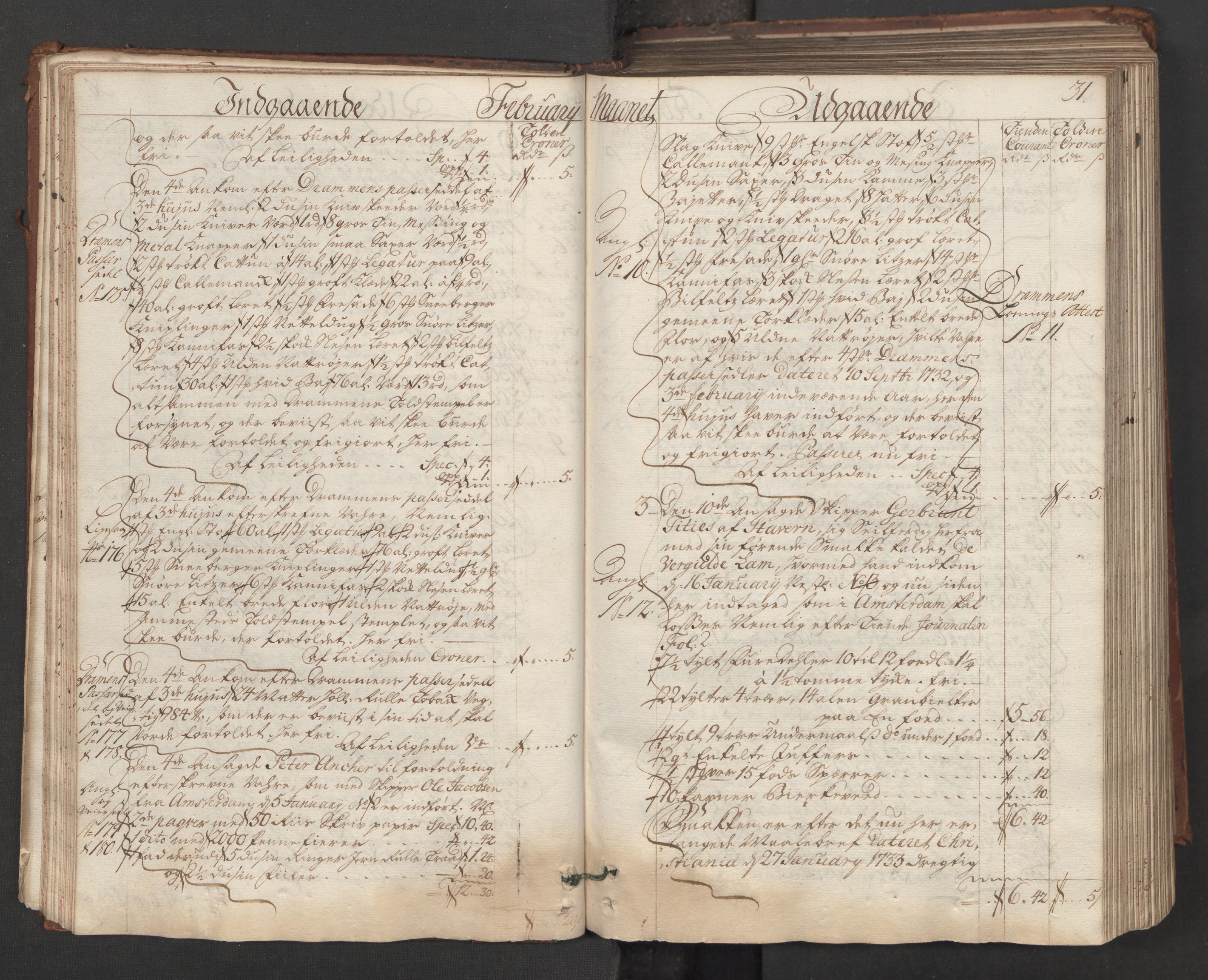 Generaltollkammeret, tollregnskaper, RA/EA-5490/R06/L0015/0001: Tollregnskaper Kristiania / Hovedtollbok, 1733, p. 30b-31a