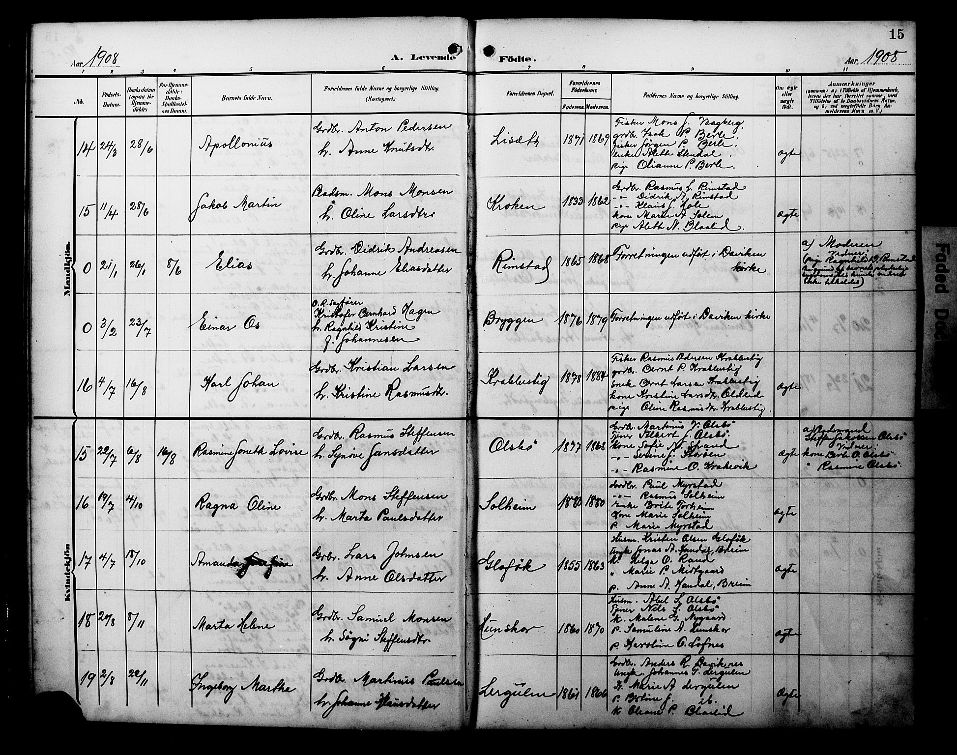 Davik sokneprestembete, SAB/A-79701/H/Hab/Habc/L0003: Parish register (copy) no. C 3, 1907-1929, p. 15