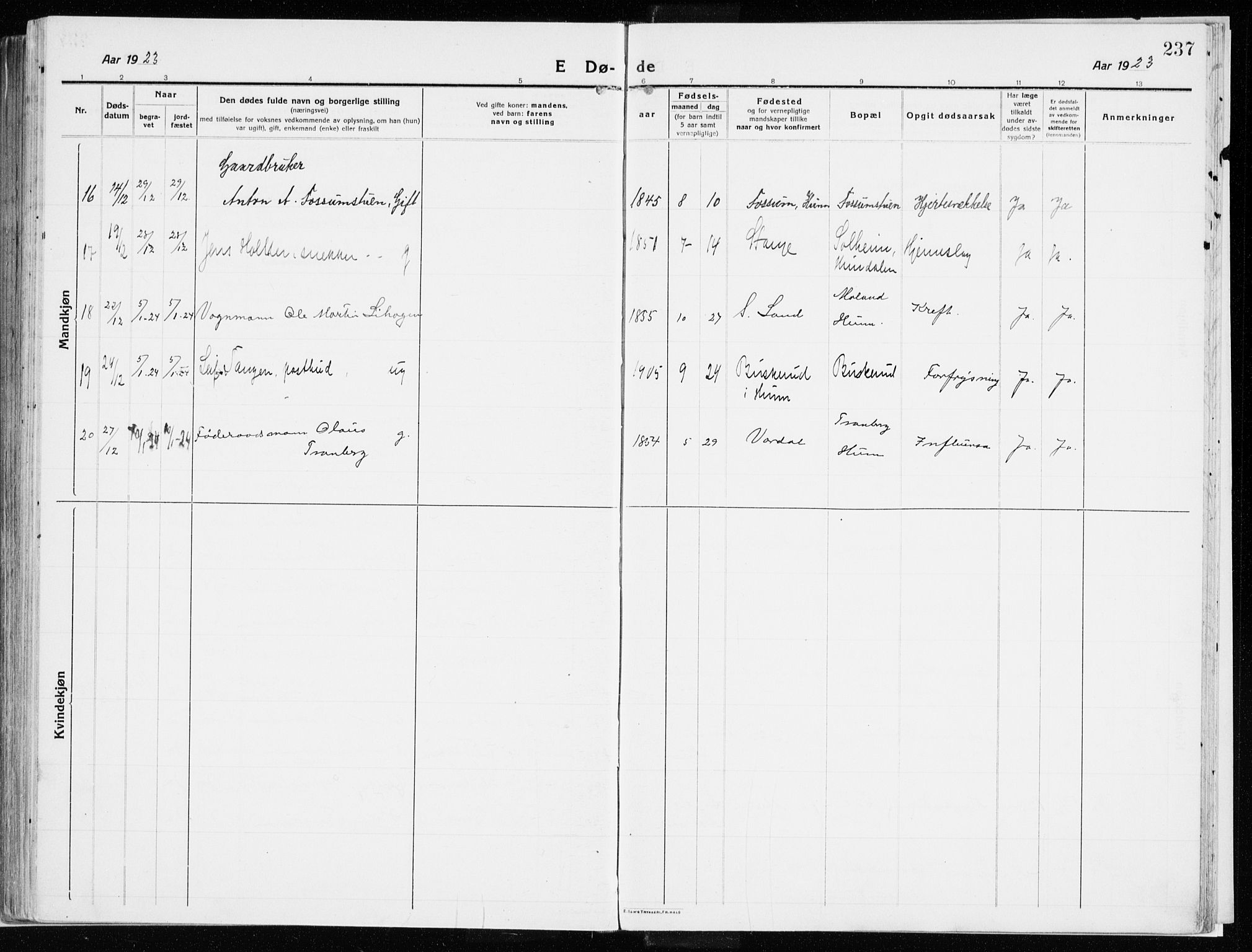 Vardal prestekontor, SAH/PREST-100/H/Ha/Haa/L0017: Parish register (official) no. 17, 1915-1929, p. 237