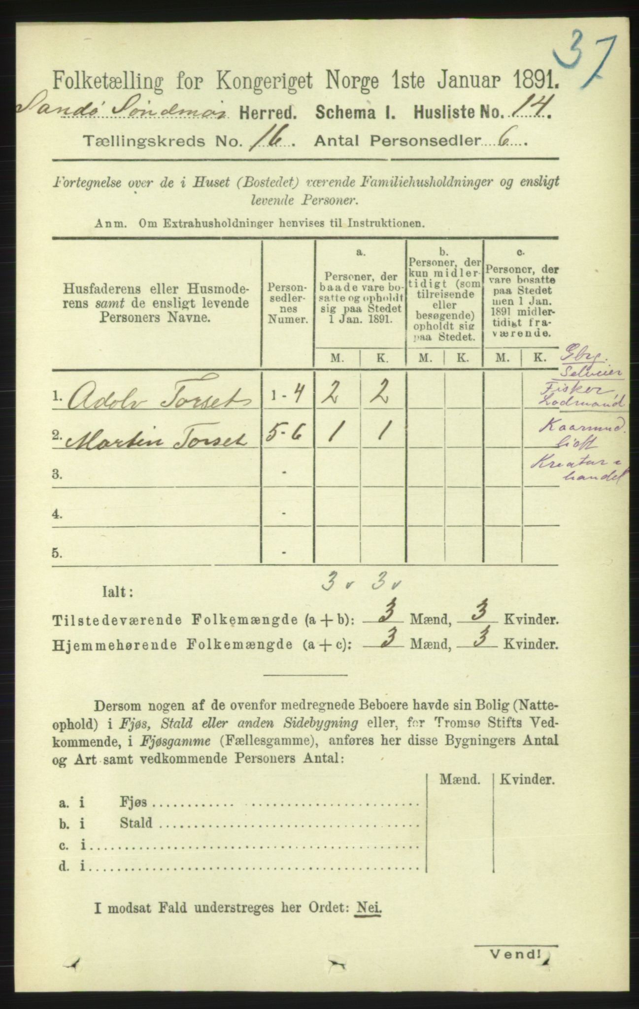 RA, 1891 census for 1514 Sande, 1891, p. 3153