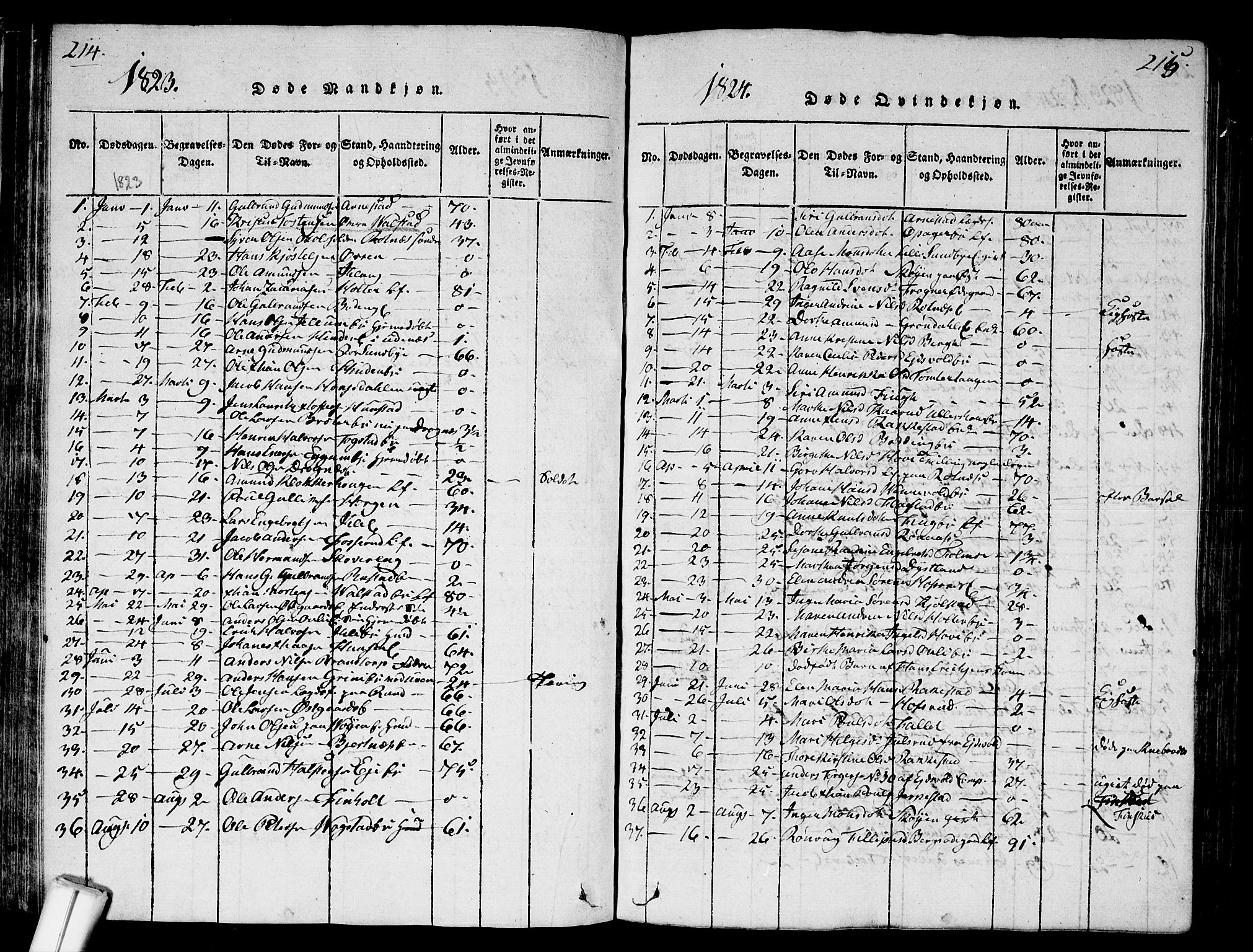 Nes prestekontor Kirkebøker, SAO/A-10410/G/Ga/L0001: Parish register (copy) no. I 1, 1815-1835, p. 214-215