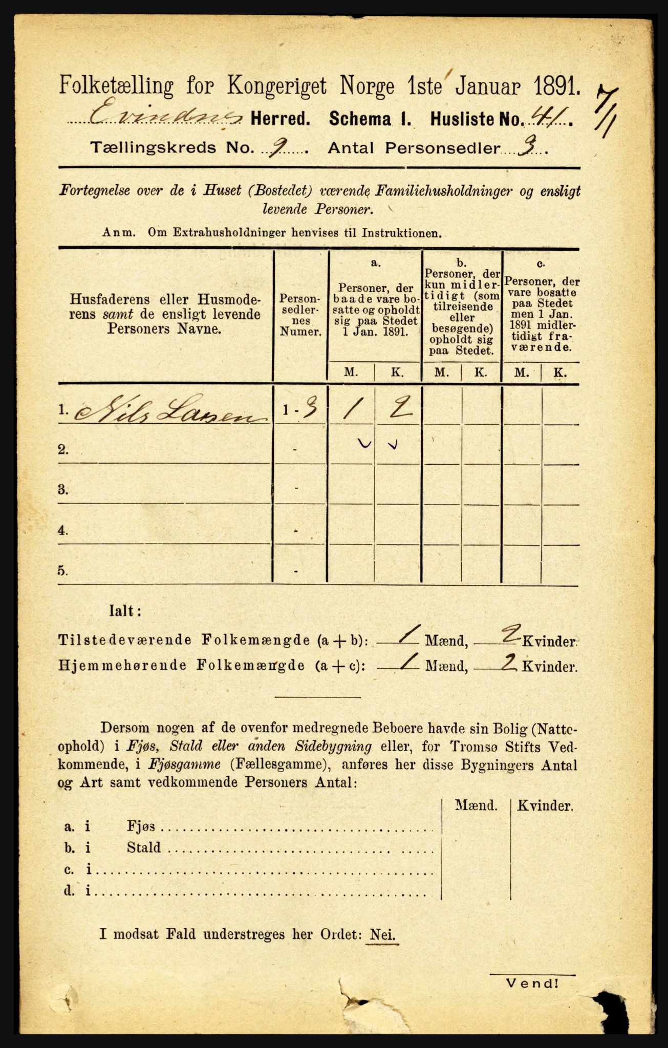 RA, 1891 census for 1853 Evenes, 1891, p. 2800