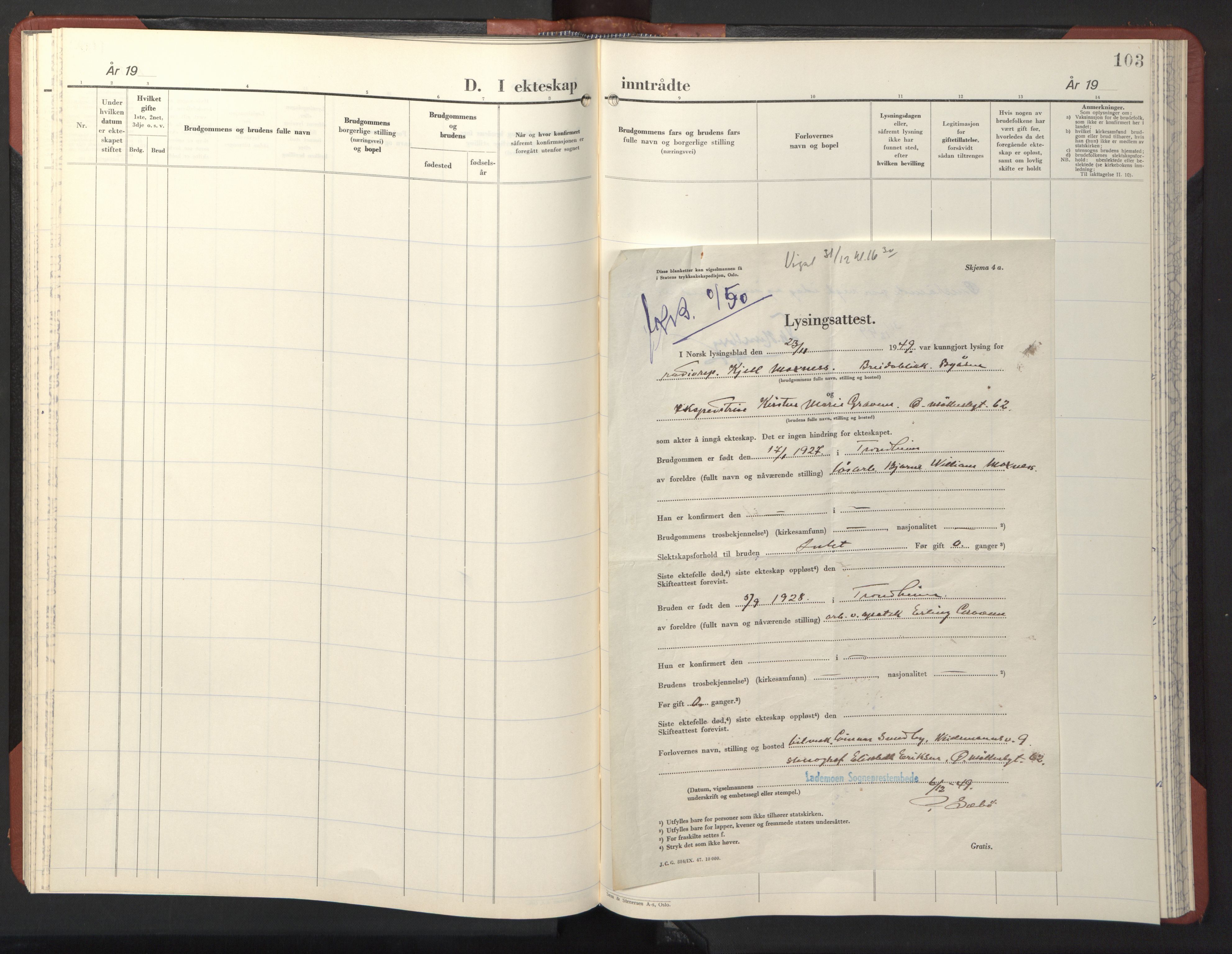 Ministerialprotokoller, klokkerbøker og fødselsregistre - Sør-Trøndelag, AV/SAT-A-1456/611/L0359: Parish register (copy) no. 611C07, 1947-1950, p. 103