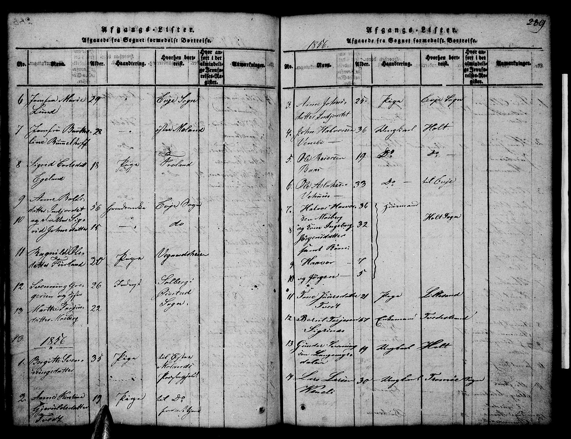 Åmli sokneprestkontor, AV/SAK-1111-0050/F/Fb/Fbc/L0001: Parish register (copy) no. B 1, 1816-1867, p. 289