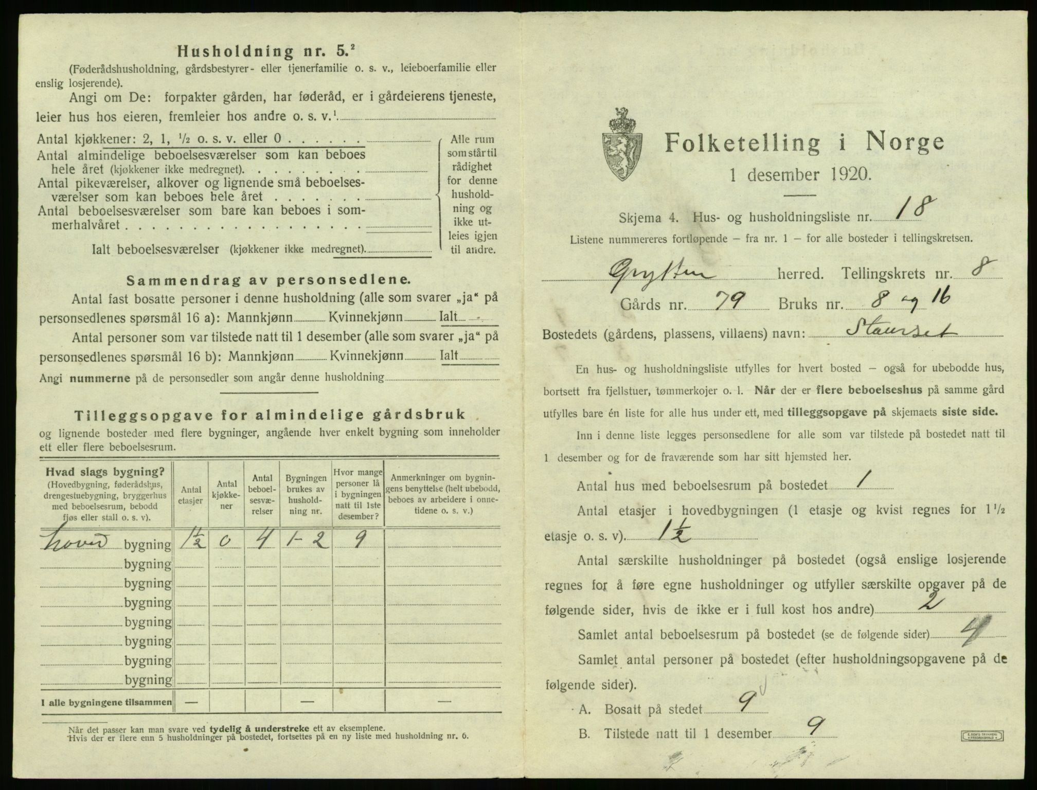 SAT, 1920 census for Grytten, 1920, p. 824