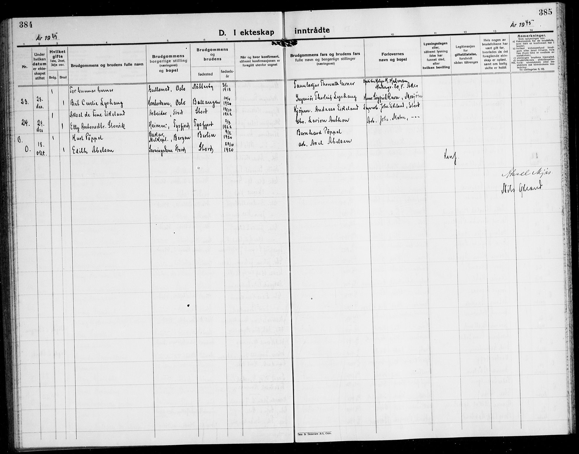 Stord sokneprestembete, AV/SAB-A-78201/H/Hab: Parish register (copy) no. A 5, 1933-1945, p. 384-385