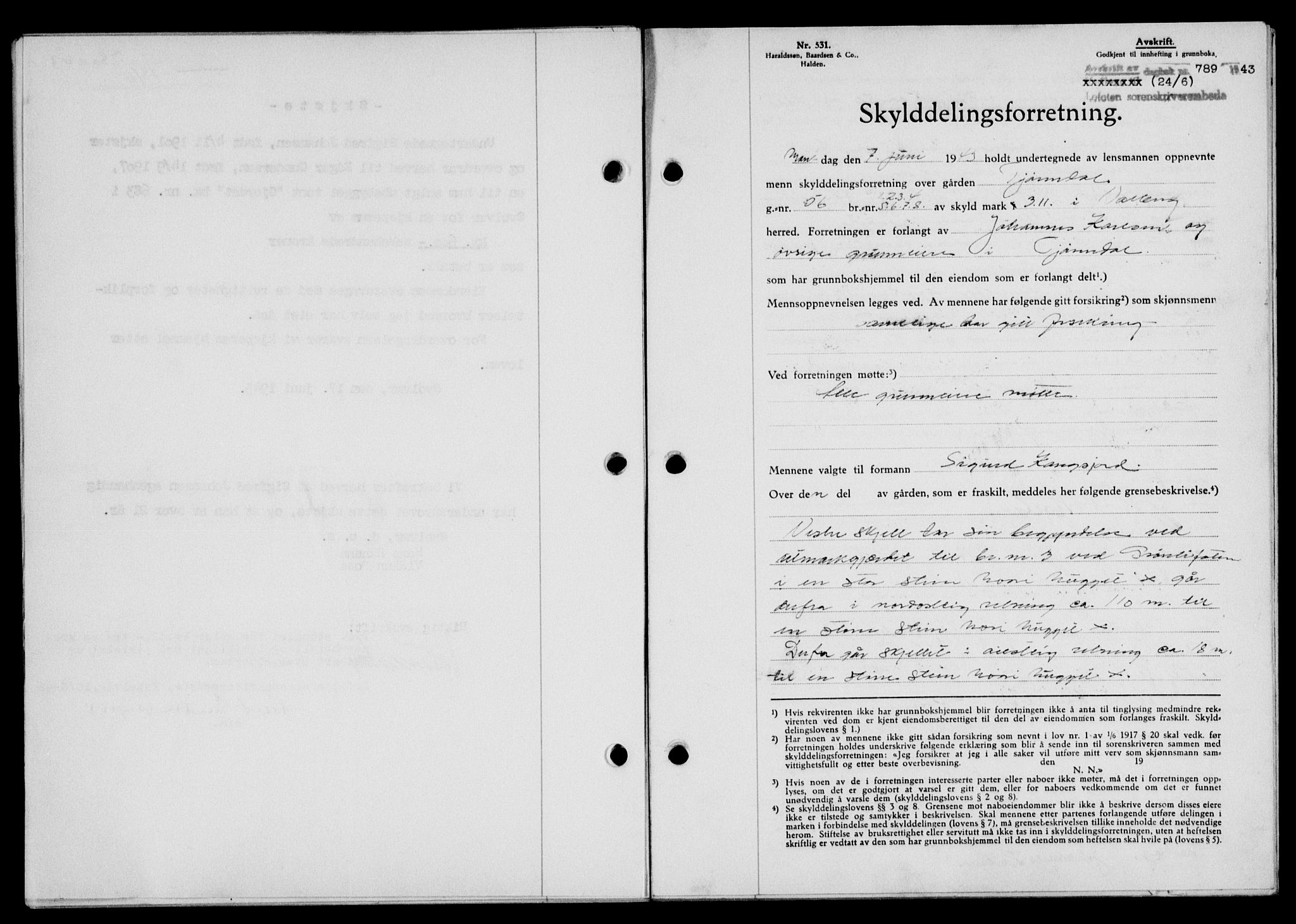 Lofoten sorenskriveri, SAT/A-0017/1/2/2C/L0011a: Mortgage book no. 11a, 1943-1943, Diary no: : 789/1943