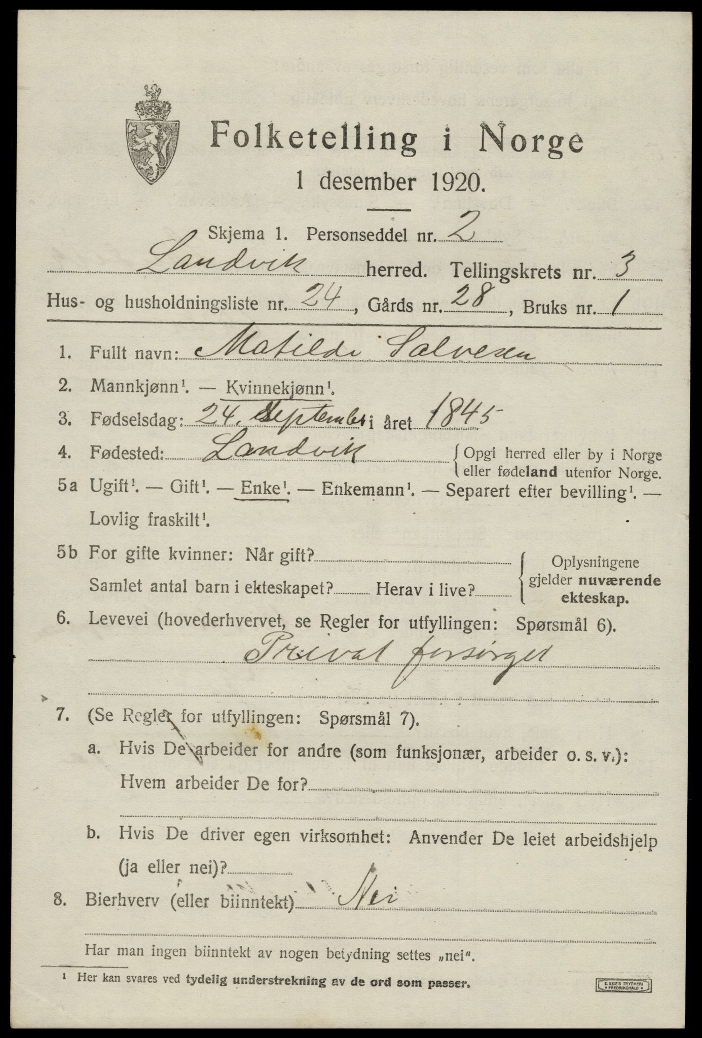 SAK, 1920 census for Landvik, 1920, p. 3170