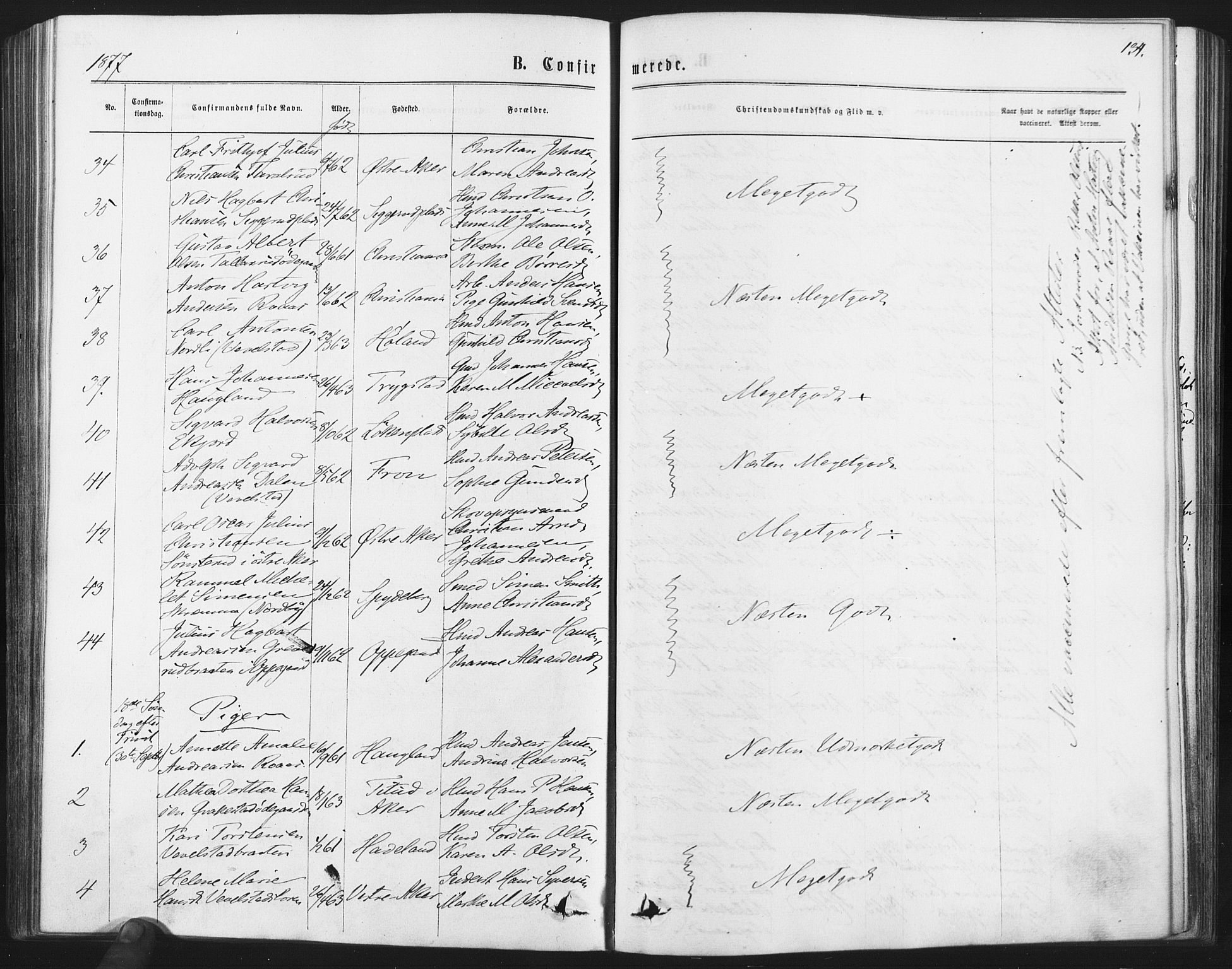Kråkstad prestekontor Kirkebøker, SAO/A-10125a/F/Fa/L0008: Parish register (official) no. I 8, 1870-1879, p. 134