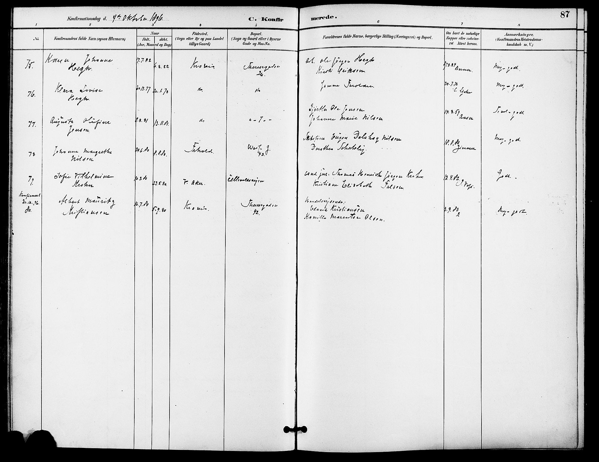 Gamle Aker prestekontor Kirkebøker, SAO/A-10617a/F/L0009: Parish register (official) no. 9, 1890-1898, p. 87