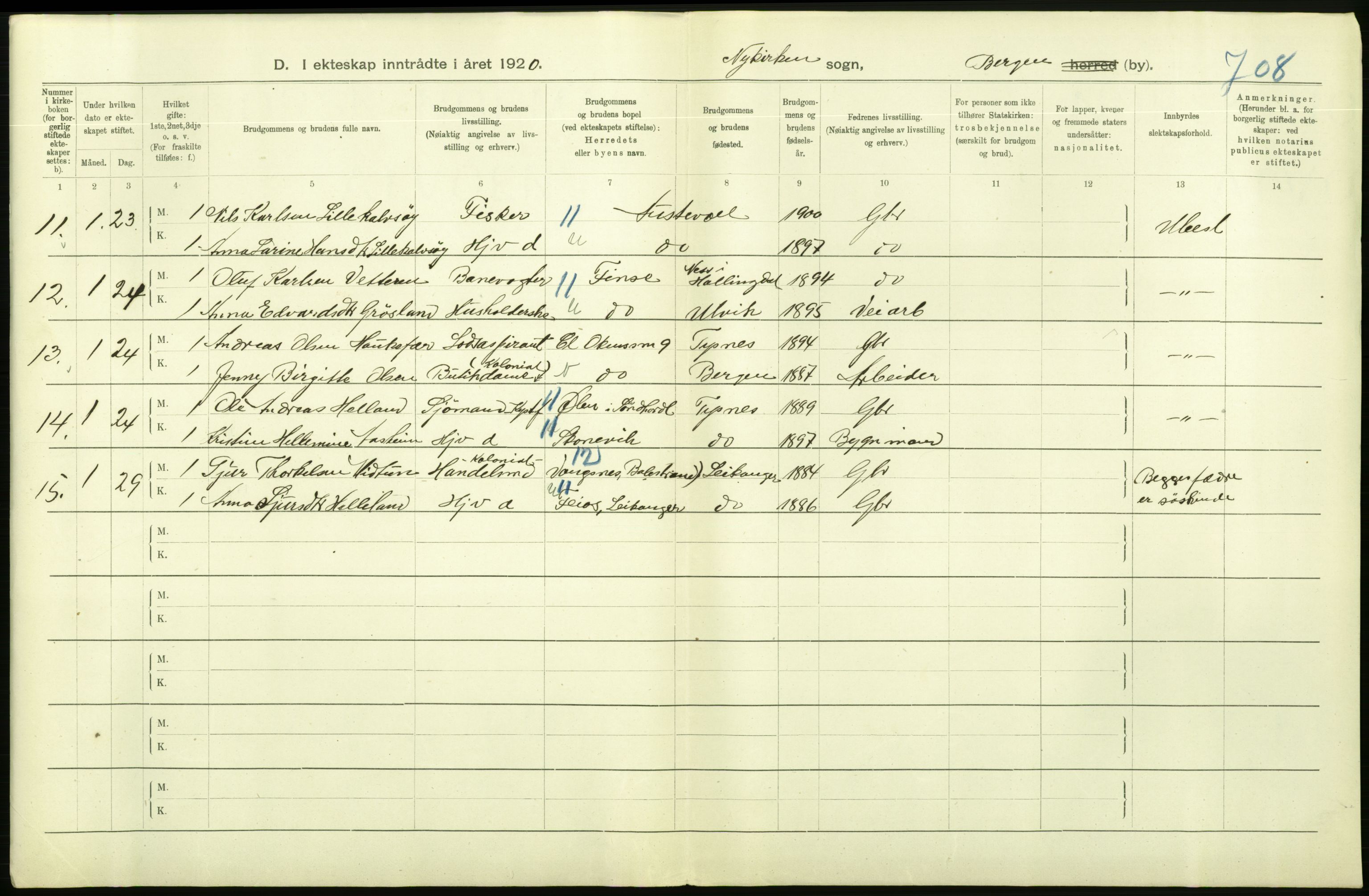 Statistisk sentralbyrå, Sosiodemografiske emner, Befolkning, AV/RA-S-2228/D/Df/Dfb/Dfbj/L0042: Bergen: Gifte, døde, dødfødte., 1920, p. 152