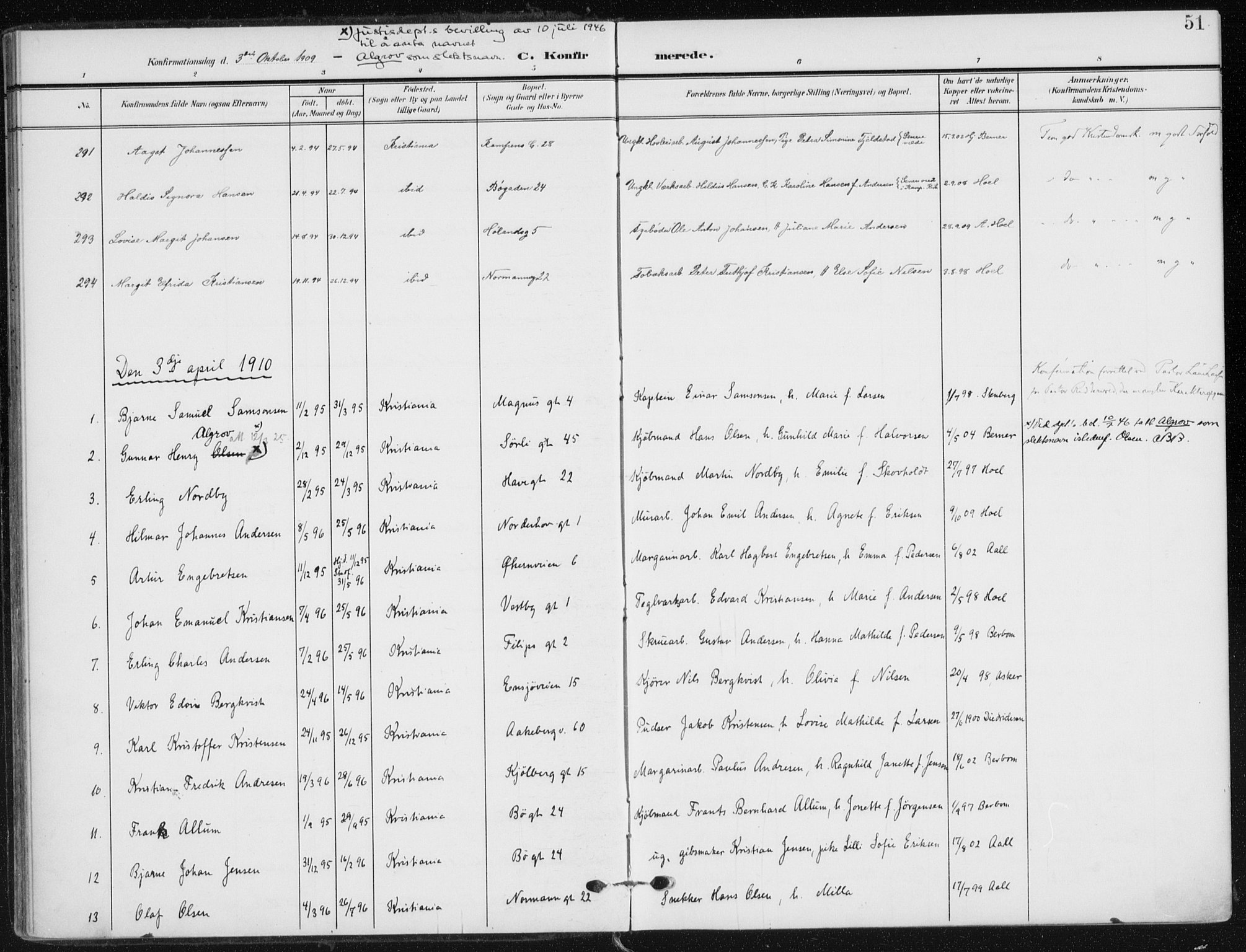 Kampen prestekontor Kirkebøker, SAO/A-10853/F/Fa/L0011: Parish register (official) no. I 11, 1907-1917, p. 51