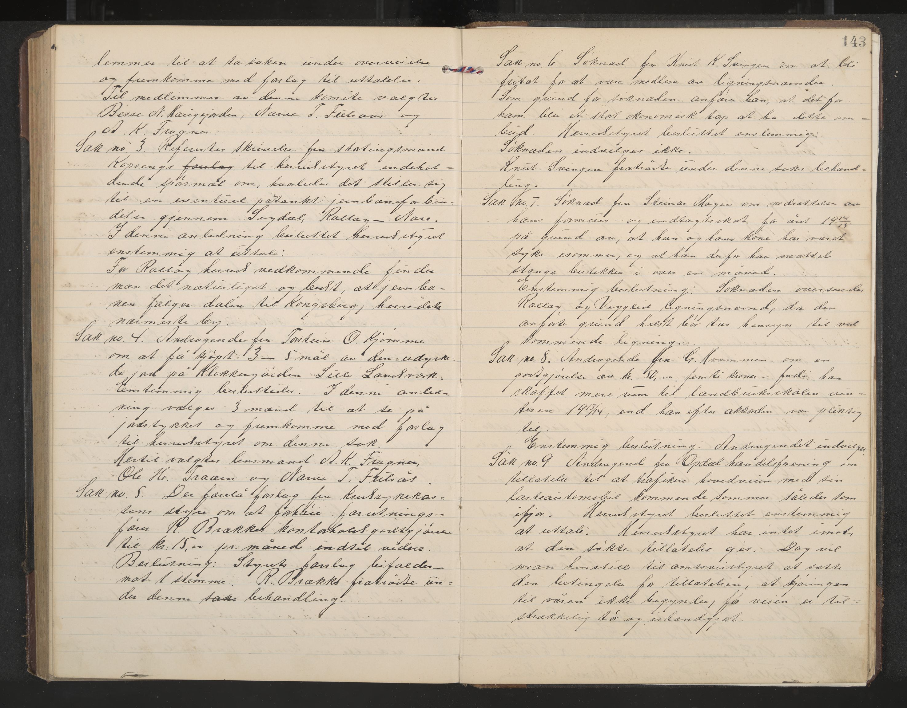 Rollag formannskap og sentraladministrasjon, IKAK/0632021-2/A/Aa/L0005: Møtebok, 1909-1915, p. 143