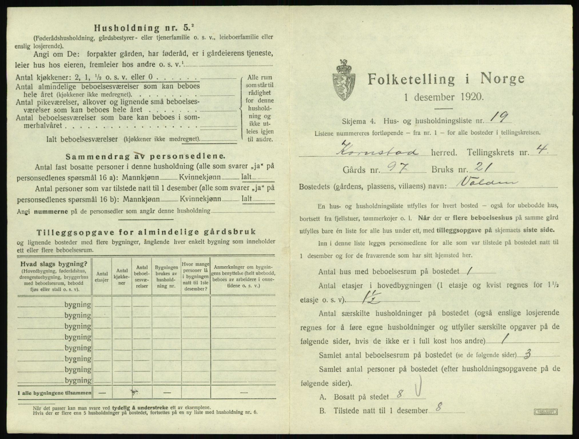 SAT, 1920 census for Kornstad, 1920, p. 355