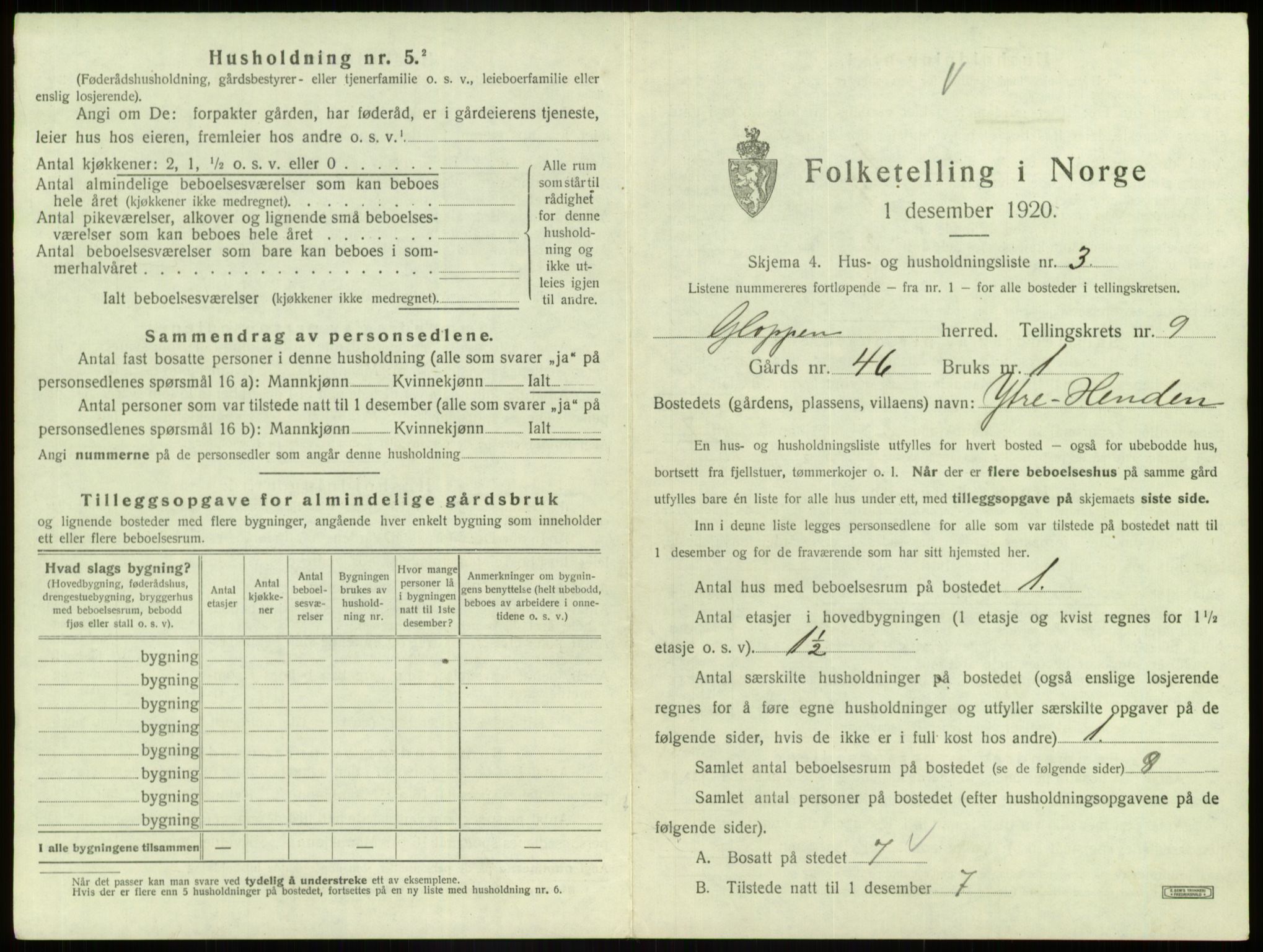 SAB, 1920 census for Gloppen, 1920, p. 615