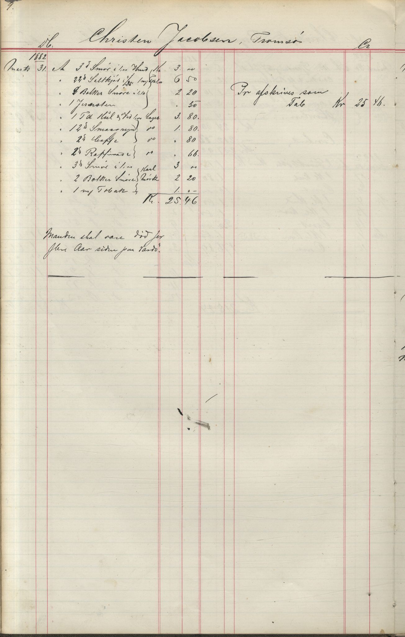 Brodtkorb handel A/S, VAMU/A-0001/F/Fa/L0004/0001: Kompanibøker. Utensogns / Compagnibog for Udensogns Fiskere No 15. Fra A - H, 1882-1895, p. 9