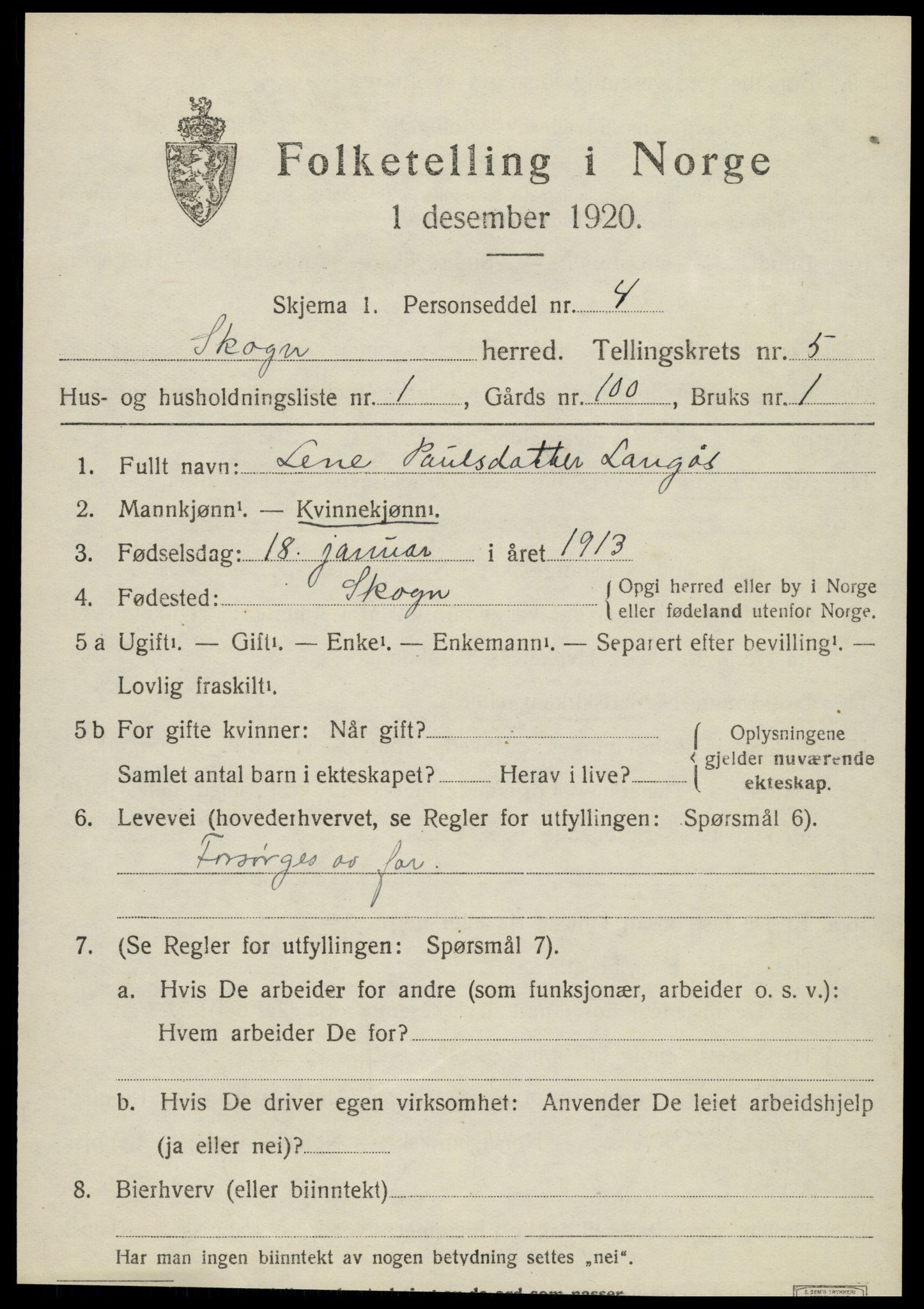 SAT, 1920 census for Skogn, 1920, p. 6491