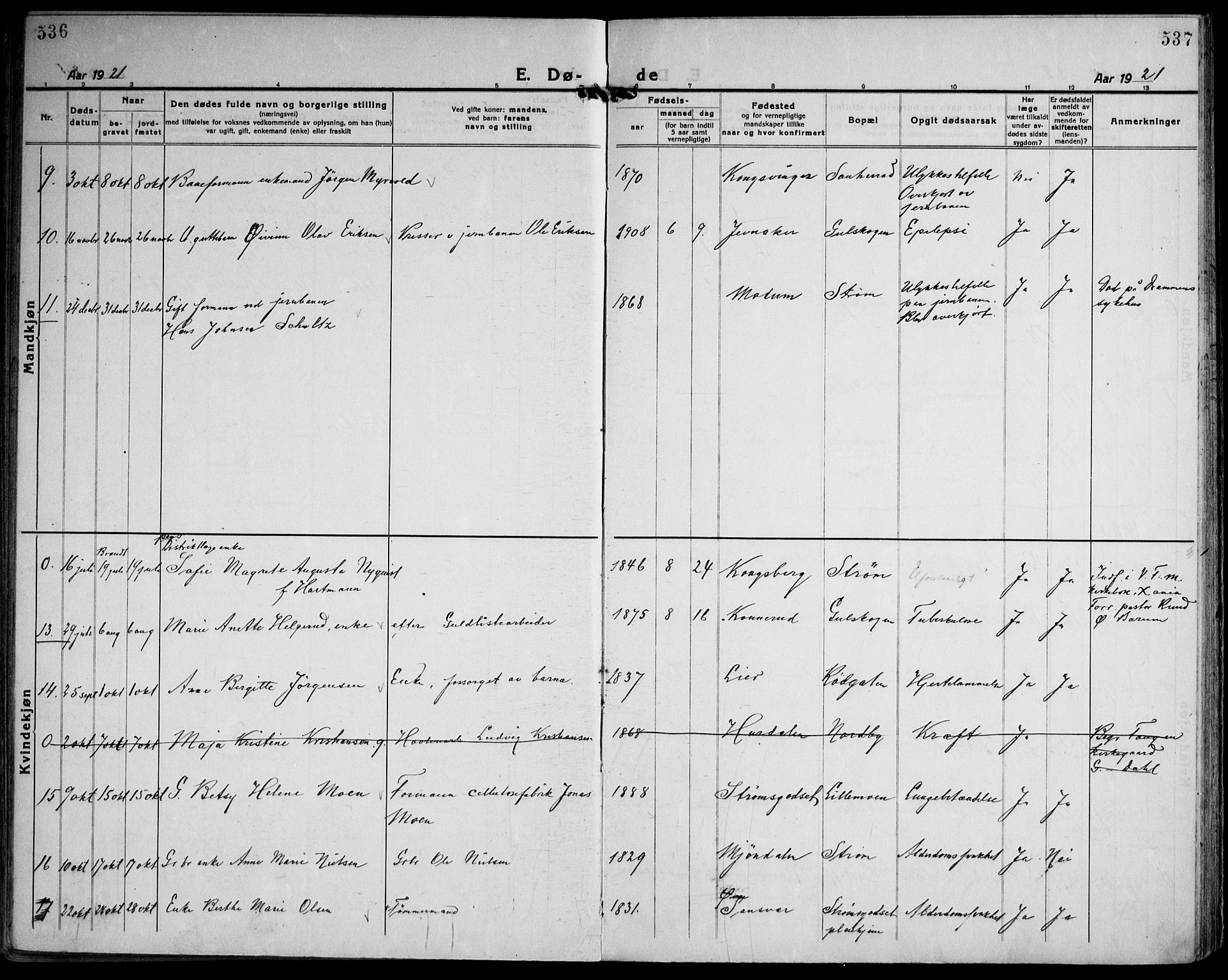 Strømsgodset kirkebøker, AV/SAKO-A-324/F/Fa/L0003: Parish register (official) no. 3, 1920-1936, p. 536-537