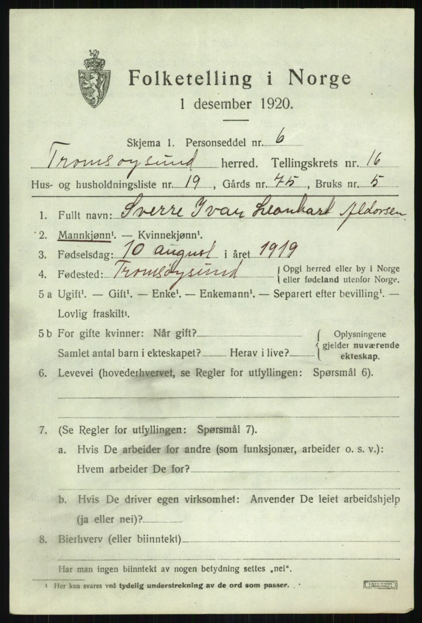 SATØ, 1920 census for Tromsøysund, 1920, p. 9638