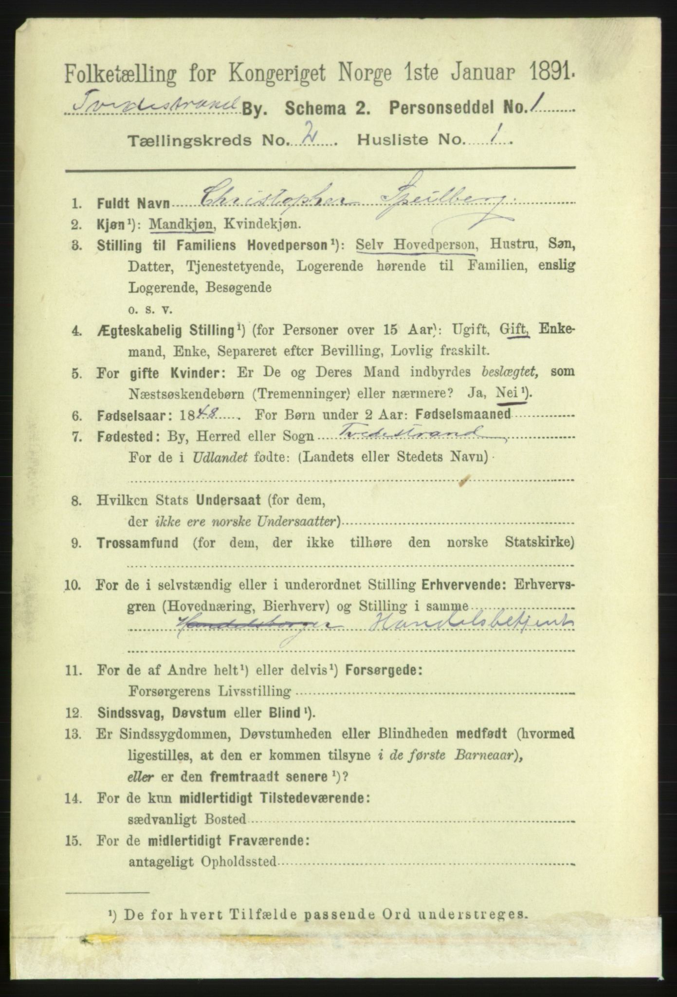 RA, 1891 census for 0902 Tvedestrand, 1891, p. 1356