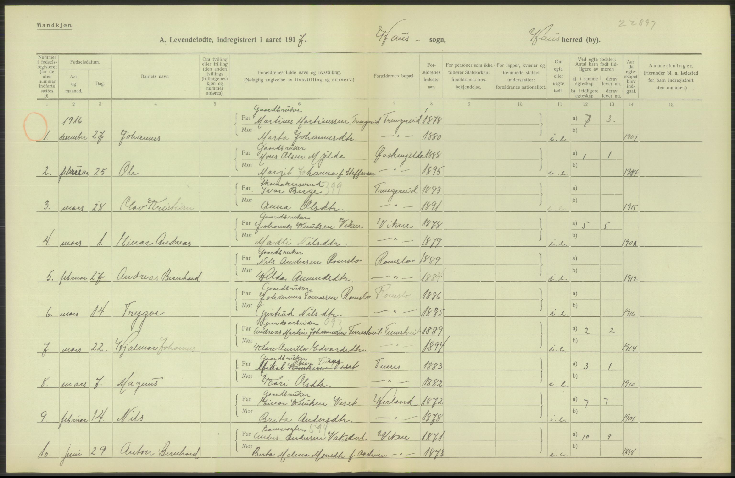 Statistisk sentralbyrå, Sosiodemografiske emner, Befolkning, RA/S-2228/D/Df/Dfb/Dfbg/L0034: S. Bergenhus amt: Levendefødte menn og kvinner. Bygder., 1917, p. 250