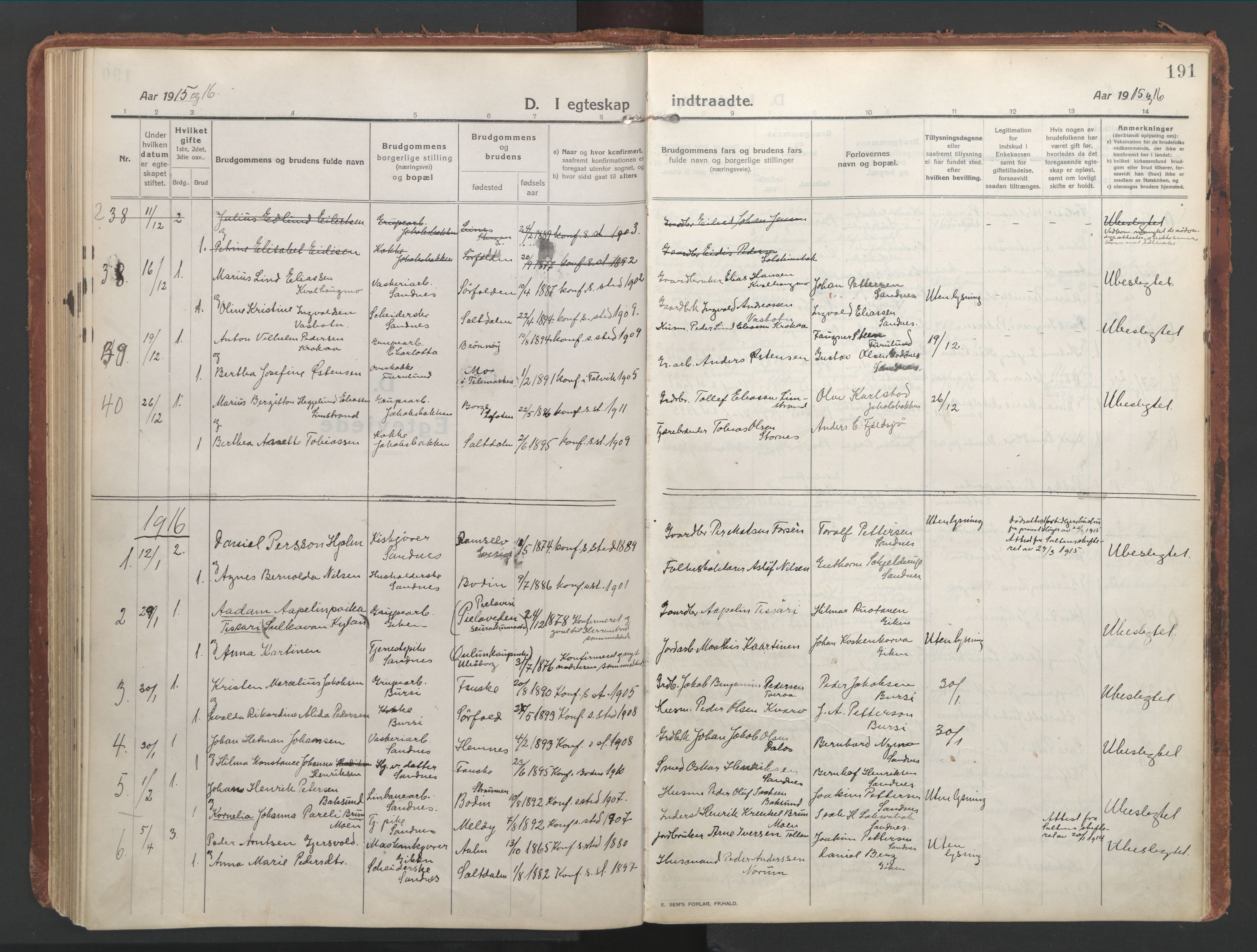 Ministerialprotokoller, klokkerbøker og fødselsregistre - Nordland, AV/SAT-A-1459/850/L0715: Curate's parish register no. 850B05, 1913-1924, p. 191