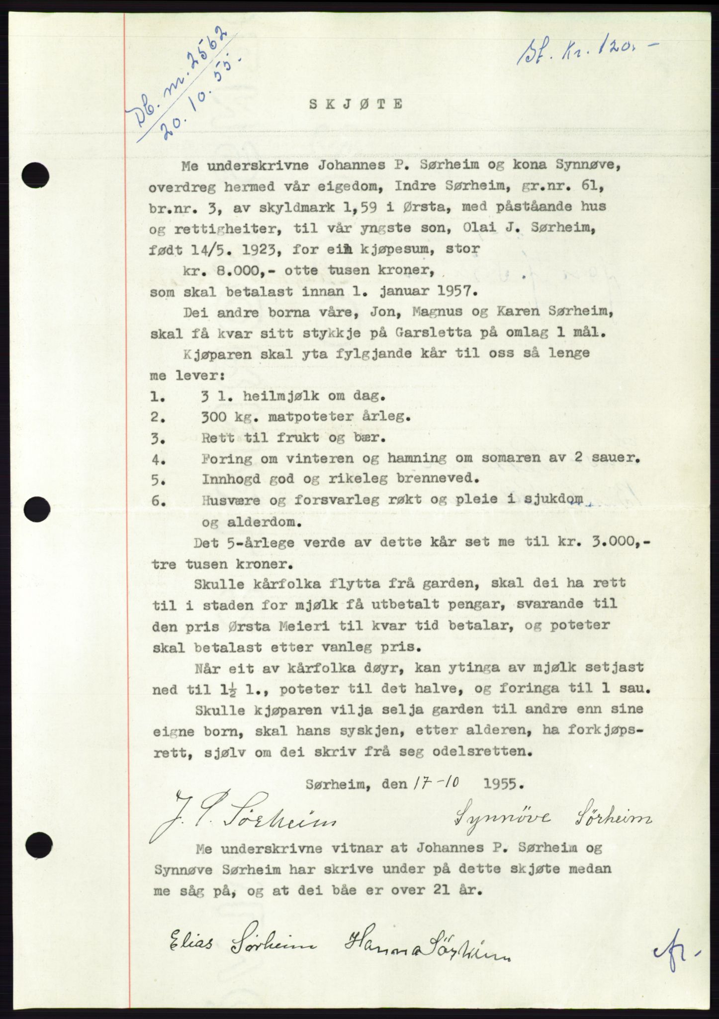 Søre Sunnmøre sorenskriveri, AV/SAT-A-4122/1/2/2C/L0102: Mortgage book no. 28A, 1955-1956, Diary no: : 2562/1955