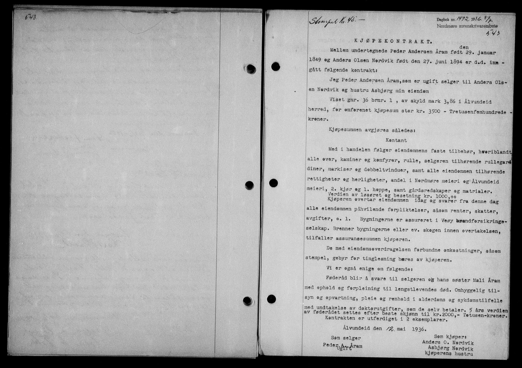 Nordmøre sorenskriveri, AV/SAT-A-4132/1/2/2Ca/L0088: Mortgage book no. 78, 1936-1936, Diary no: : 1492/1936