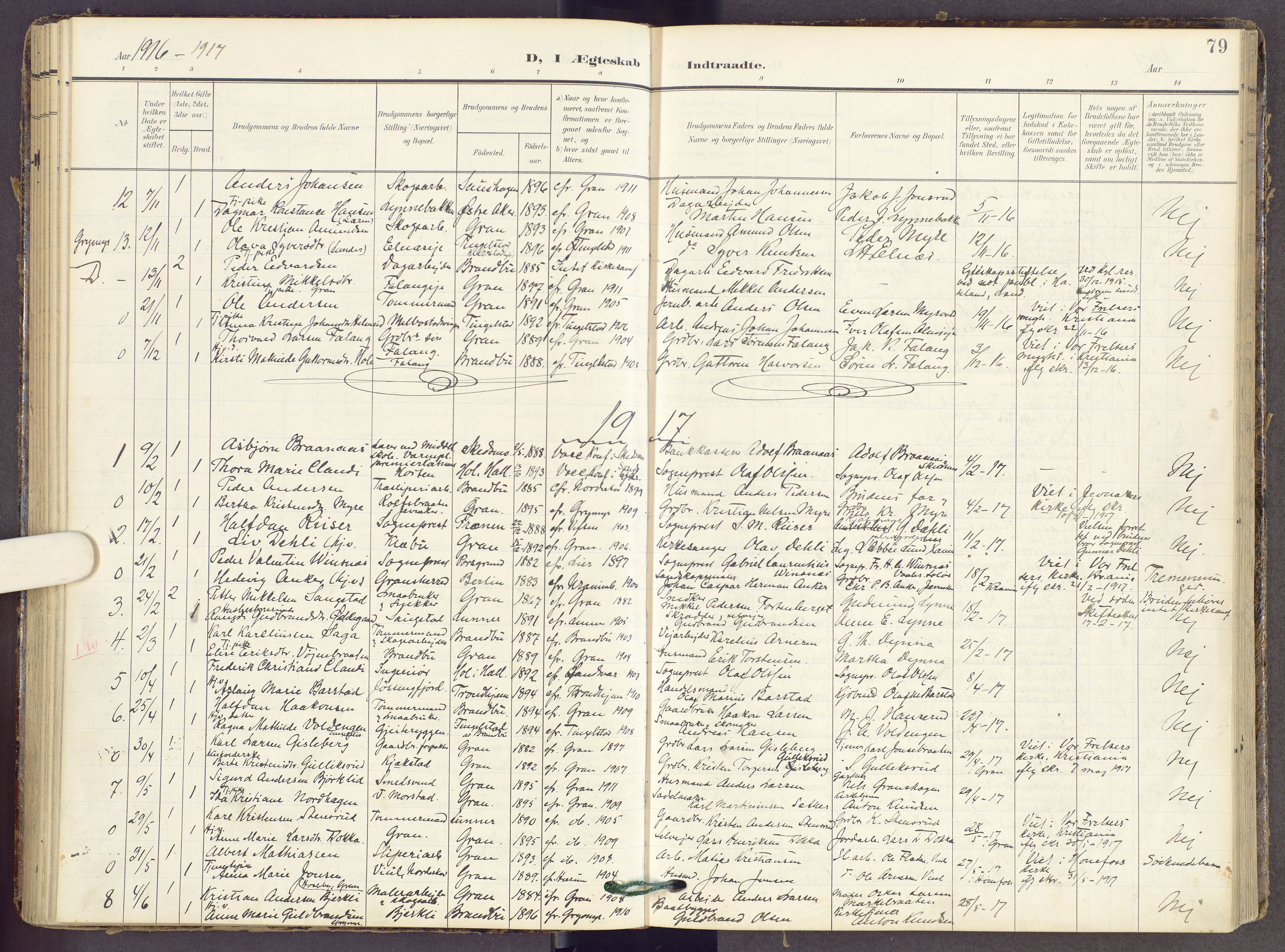 Gran prestekontor, SAH/PREST-112/H/Ha/Haa/L0022: Parish register (official) no. 22, 1908-1918, p. 79