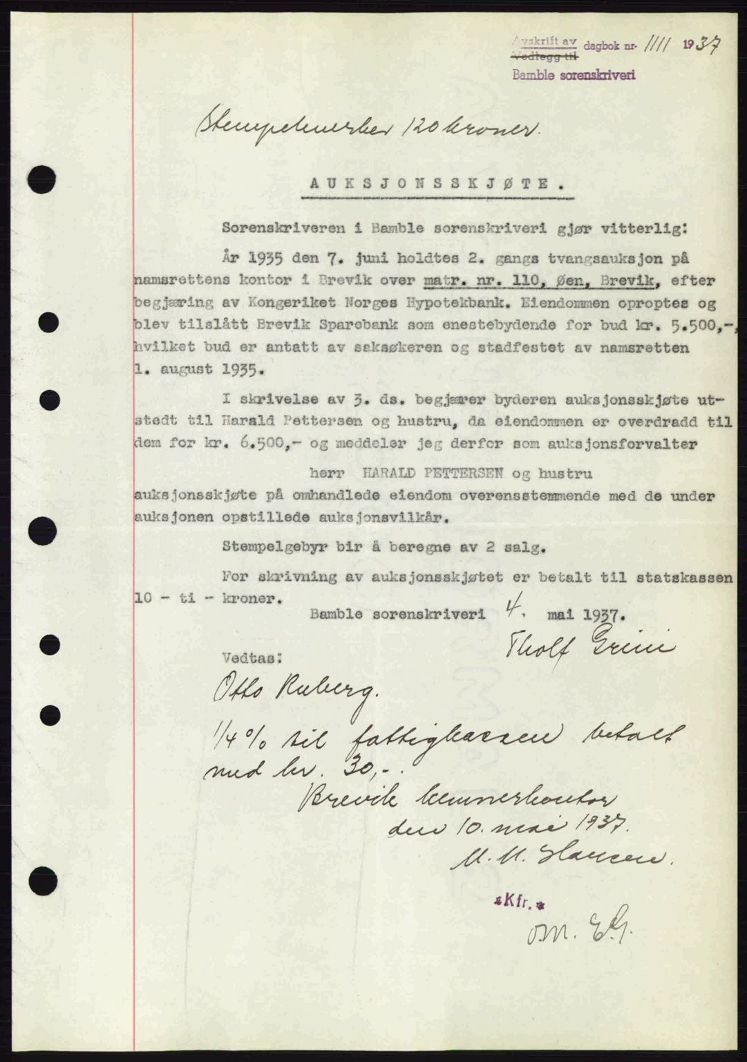 Bamble sorenskriveri, AV/SAKO-A-214/G/Ga/Gag/L0002: Mortgage book no. A-2, 1937-1938, Diary no: : 1111/1937