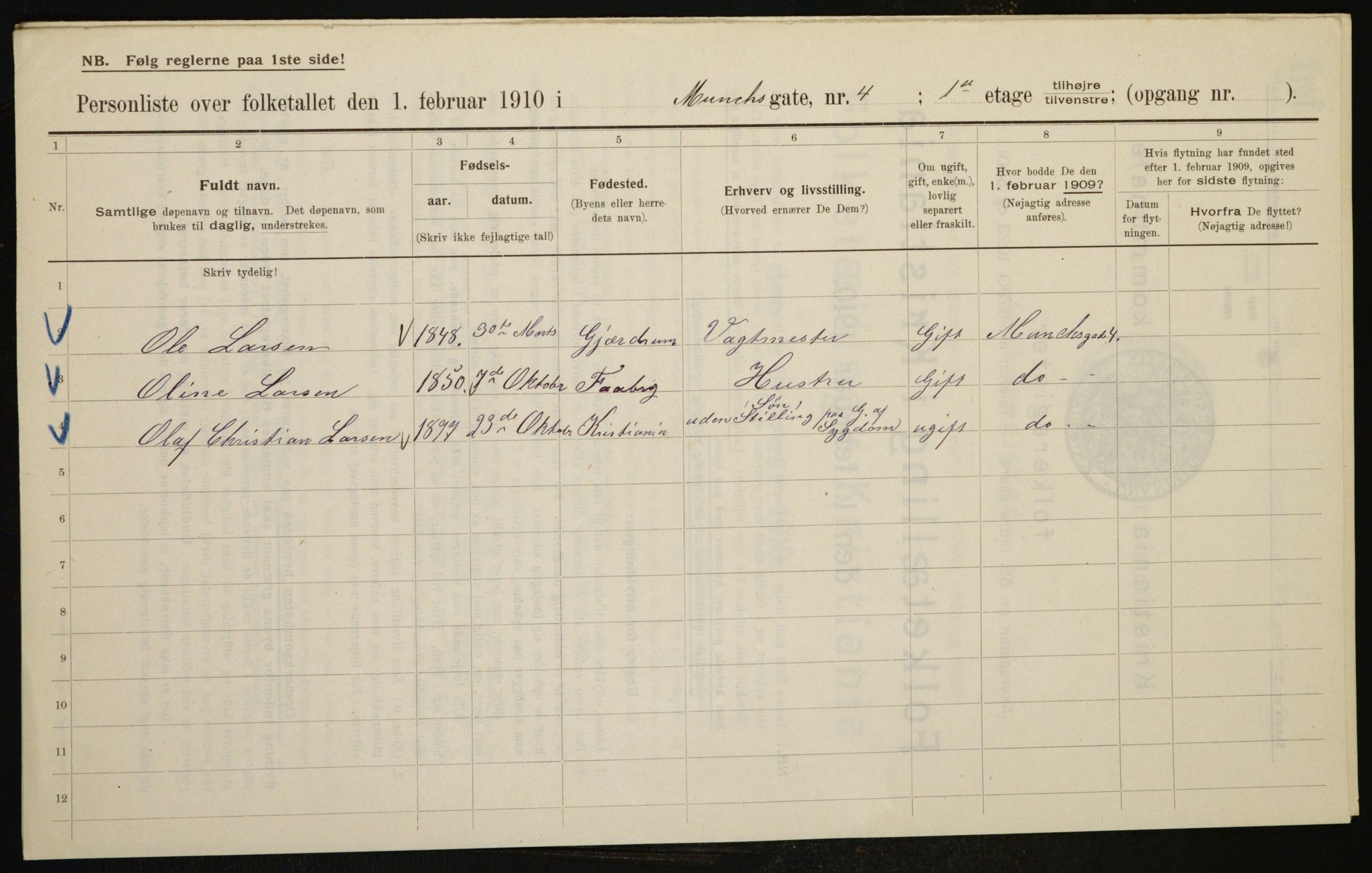 OBA, Municipal Census 1910 for Kristiania, 1910, p. 64443