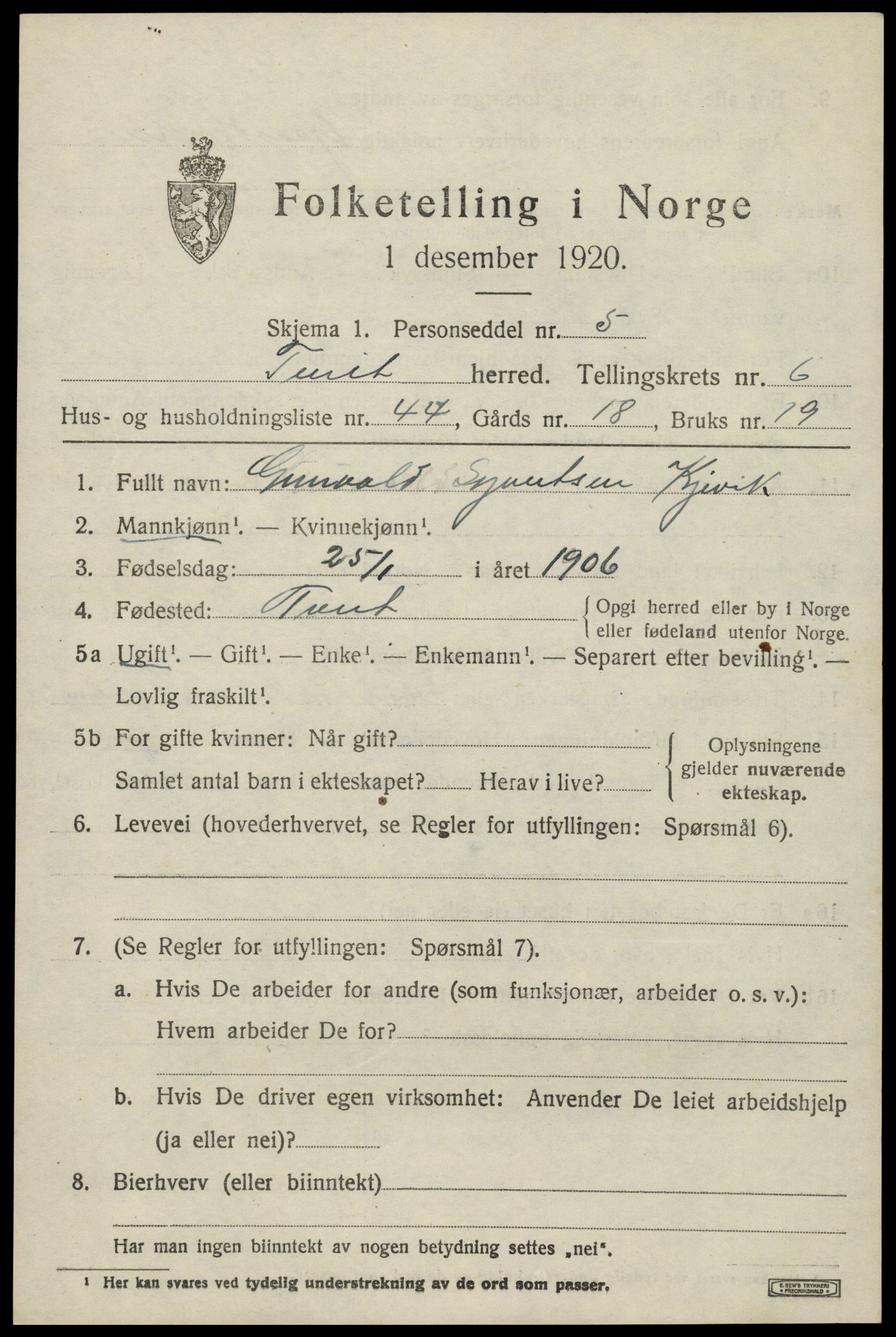 SAK, 1920 census for Tveit, 1920, p. 3188