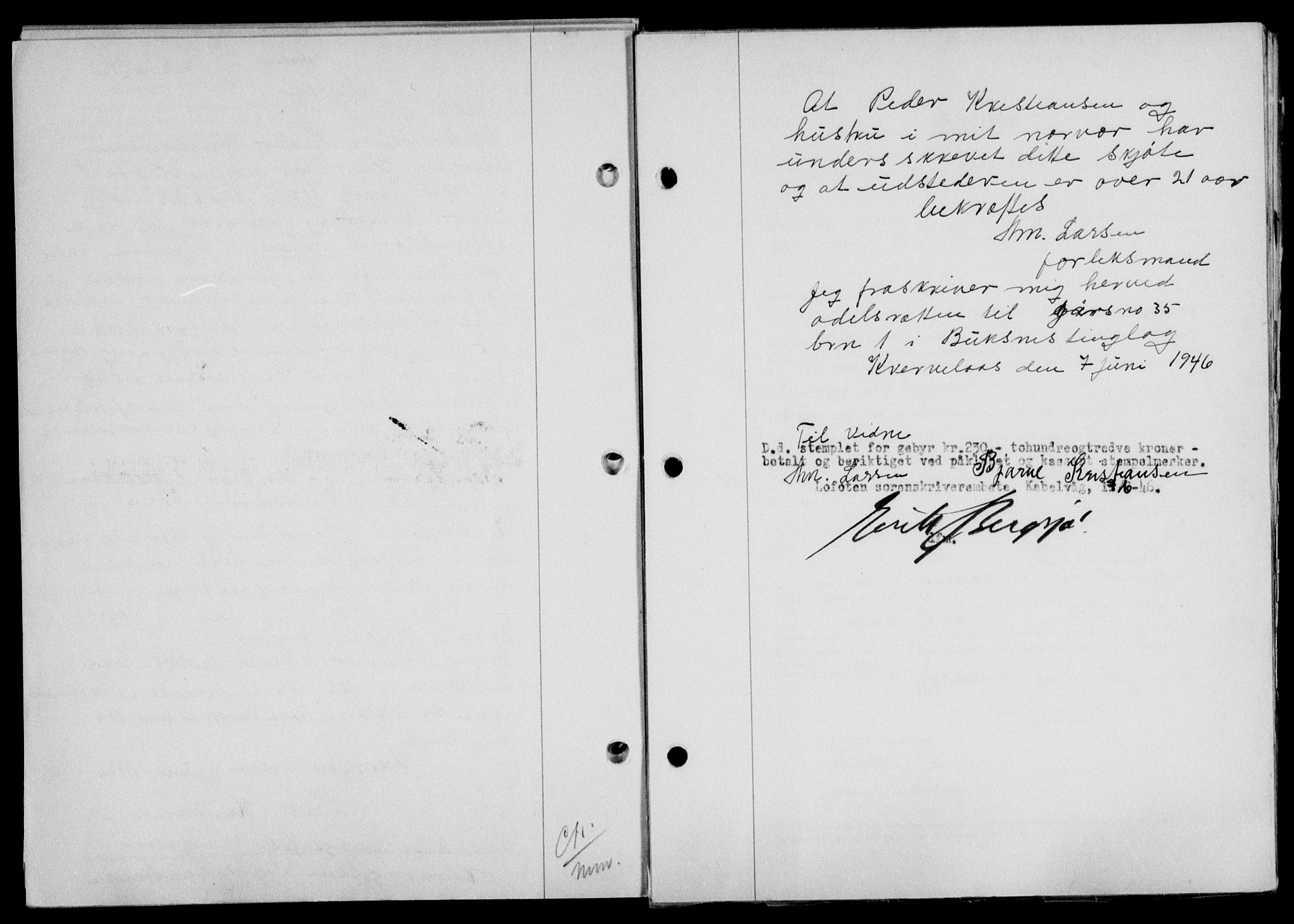 Lofoten sorenskriveri, SAT/A-0017/1/2/2C/L0014a: Mortgage book no. 14a, 1946-1946, Diary no: : 852/1946