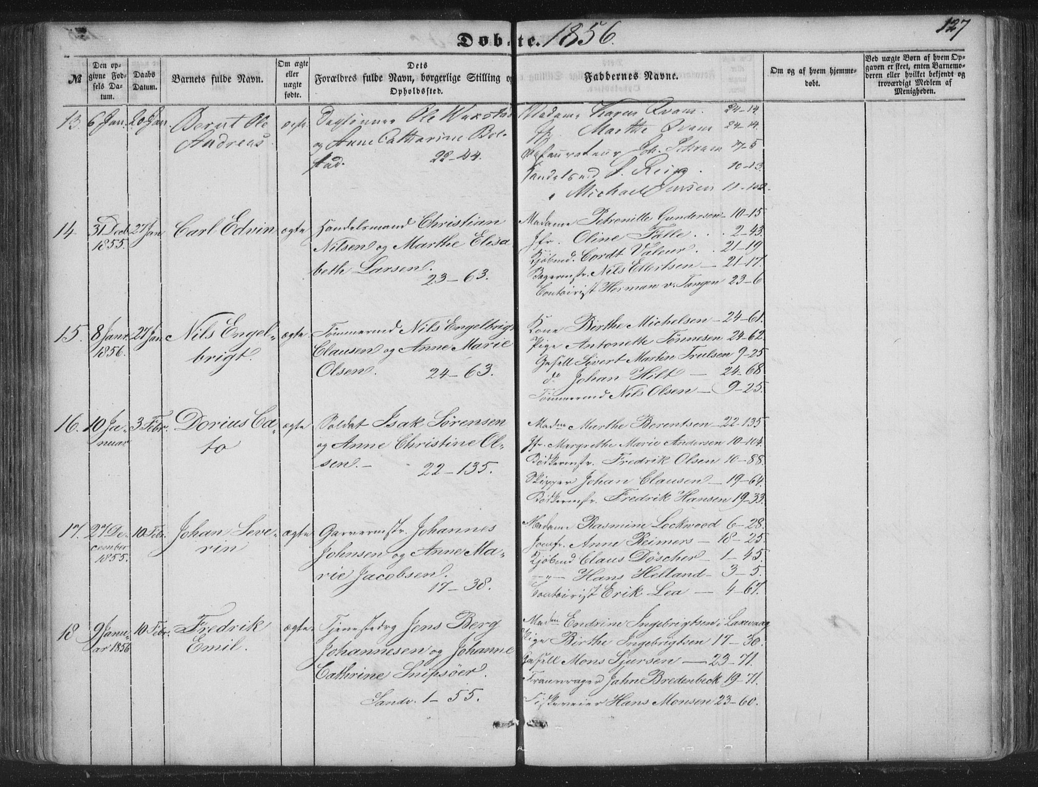 Korskirken sokneprestembete, AV/SAB-A-76101/H/Haa/L0017: Parish register (official) no. B 3, 1851-1857, p. 127