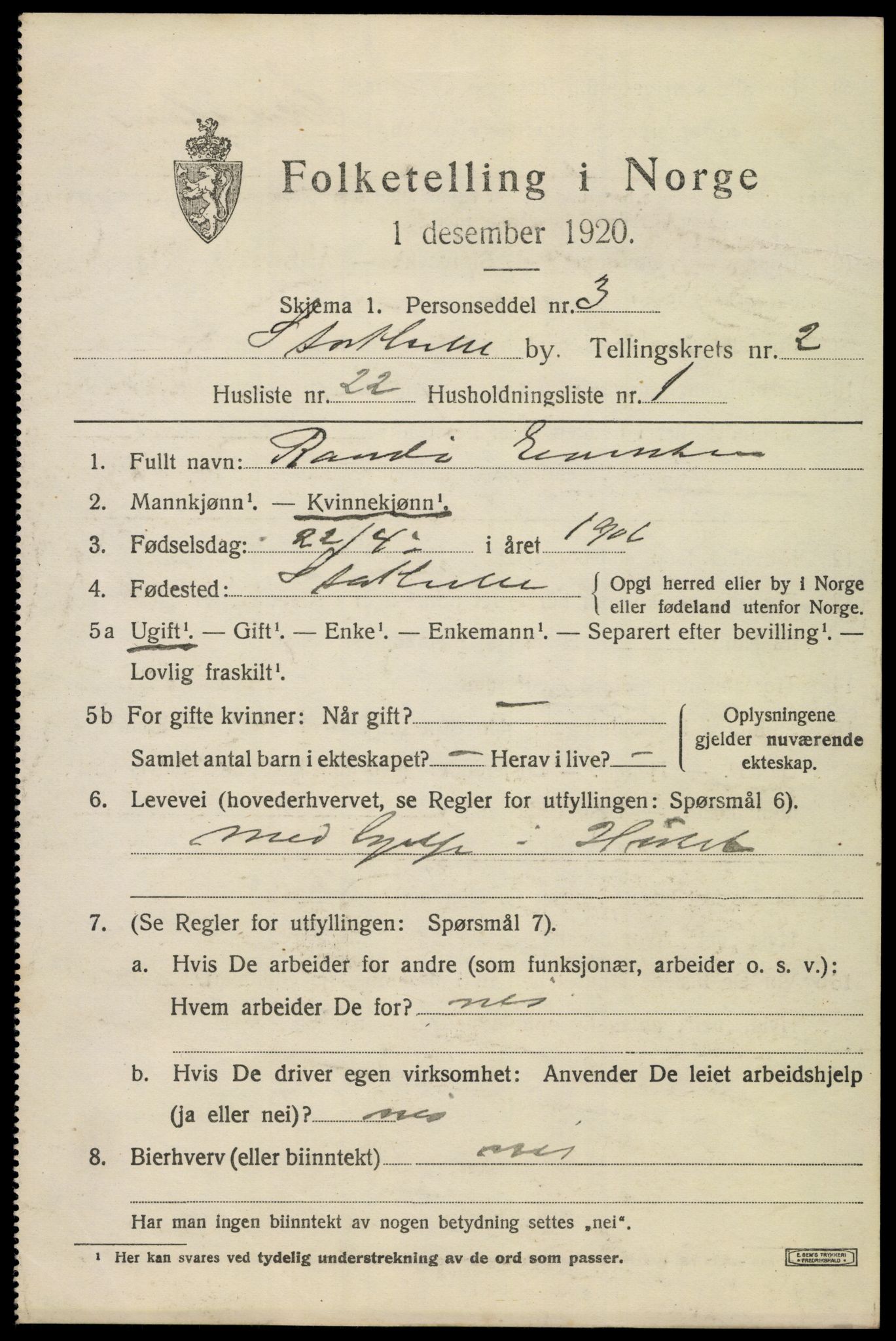 SAKO, 1920 census for Stathelle, 1920, p. 1293