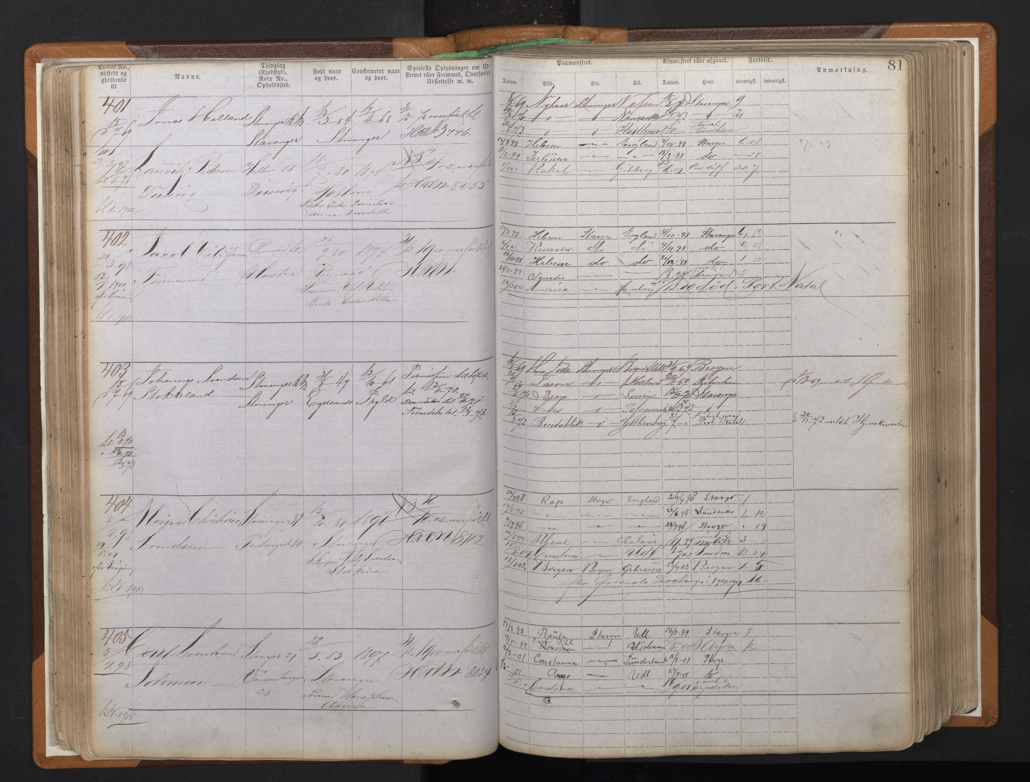 Stavanger sjømannskontor, AV/SAST-A-102006/F/Ff/L0008: Annotasjonsrulle, patentnr. 1-1805 (dublett), 1869-1900, p. 85