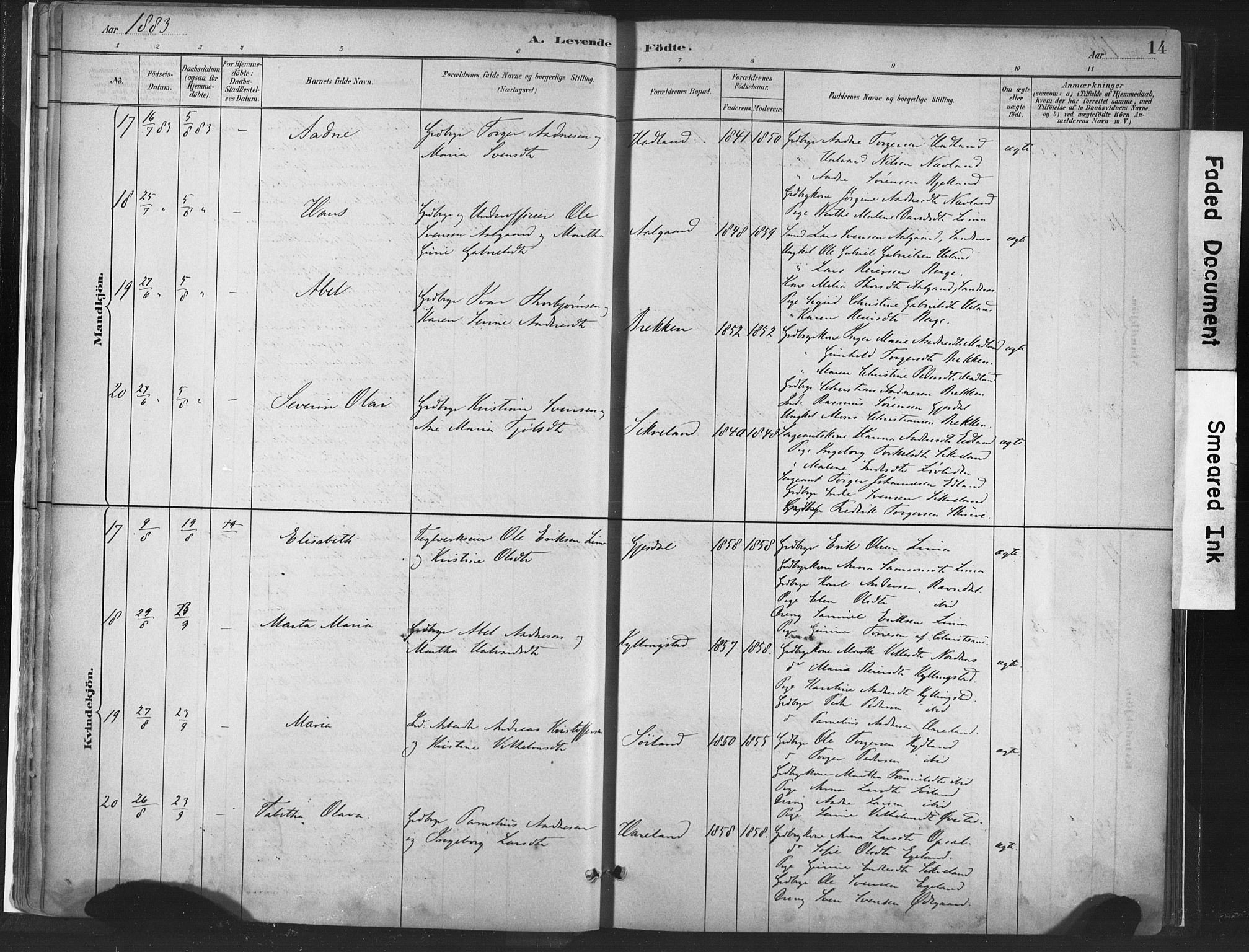 Lye sokneprestkontor, AV/SAST-A-101794/001/30BA/L0010: Parish register (official) no. A 10, 1881-1896, p. 14