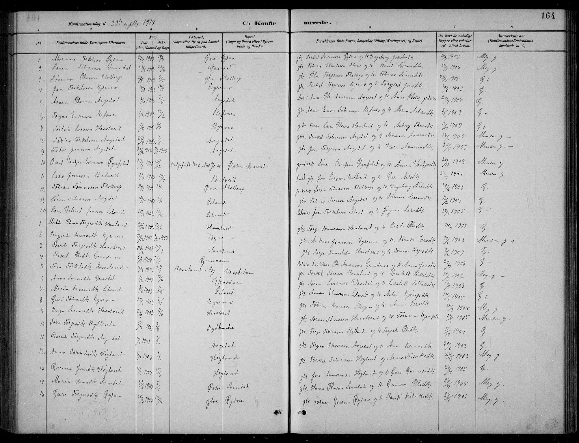 Bjelland sokneprestkontor, SAK/1111-0005/F/Fb/Fbc/L0003: Parish register (copy) no. B 3, 1887-1924, p. 164