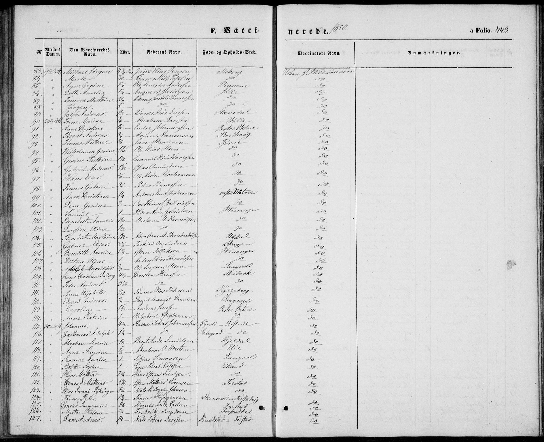 Lista sokneprestkontor, AV/SAK-1111-0027/F/Fb/L0002: Parish register (copy) no. B 2, 1847-1862, p. 443