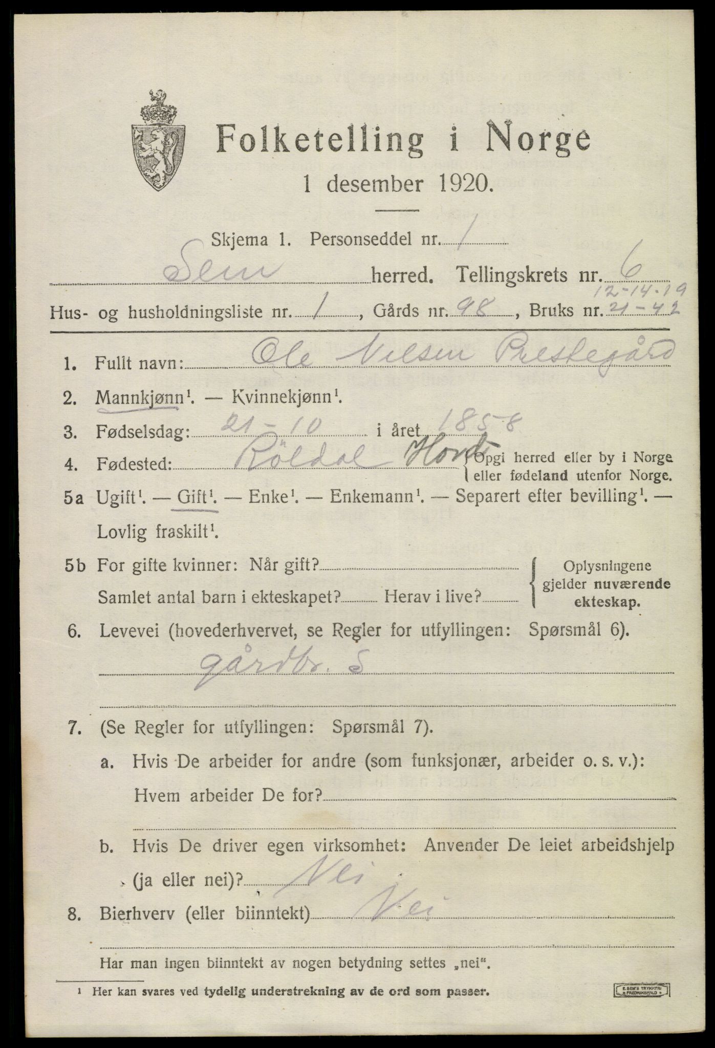 SAKO, 1920 census for Sem, 1920, p. 9587