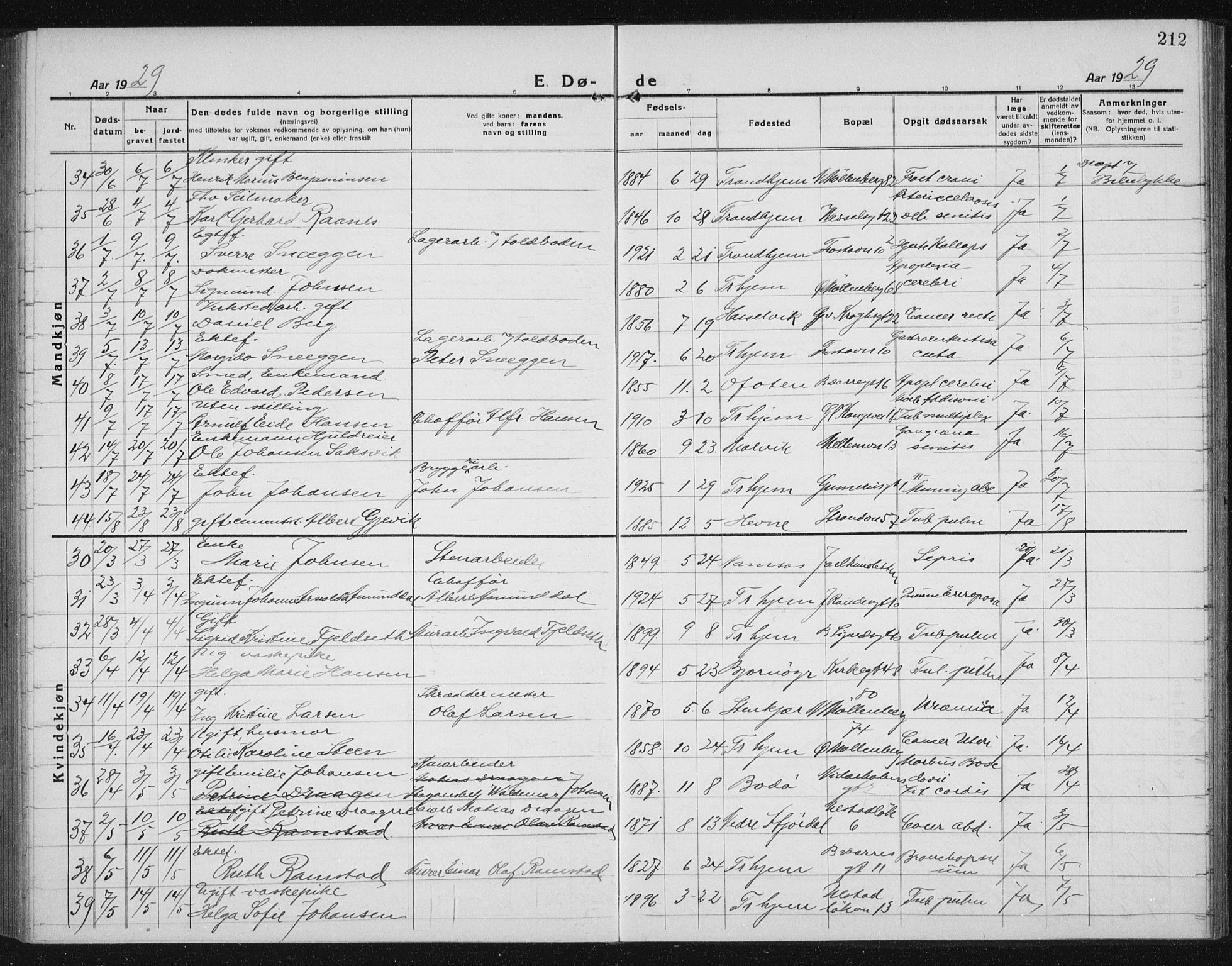 Ministerialprotokoller, klokkerbøker og fødselsregistre - Sør-Trøndelag, AV/SAT-A-1456/605/L0260: Parish register (copy) no. 605C07, 1922-1942, p. 212