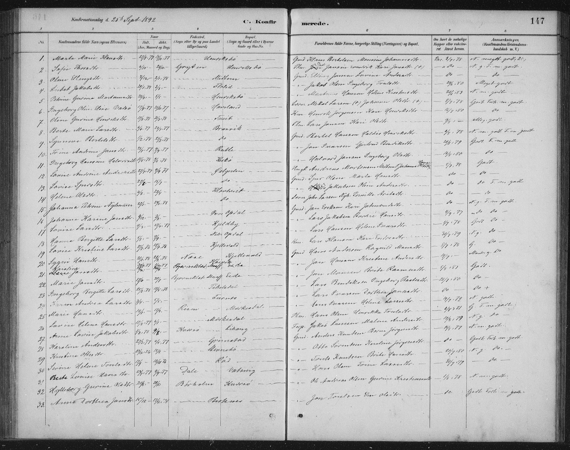 Gulen sokneprestembete, AV/SAB-A-80201/H/Hab/Habb/L0003: Parish register (copy) no. B 3, 1884-1907, p. 147