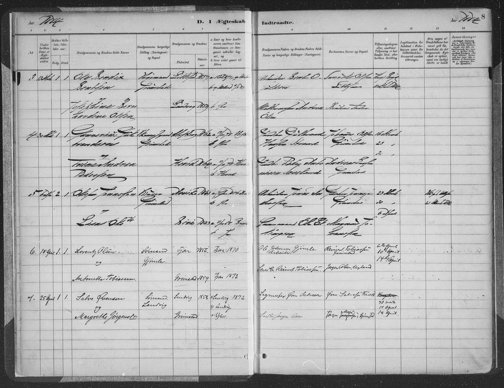 Grimstad sokneprestkontor, AV/SAK-1111-0017/F/Fa/L0004: Parish register (official) no. A 3, 1882-1910, p. 8