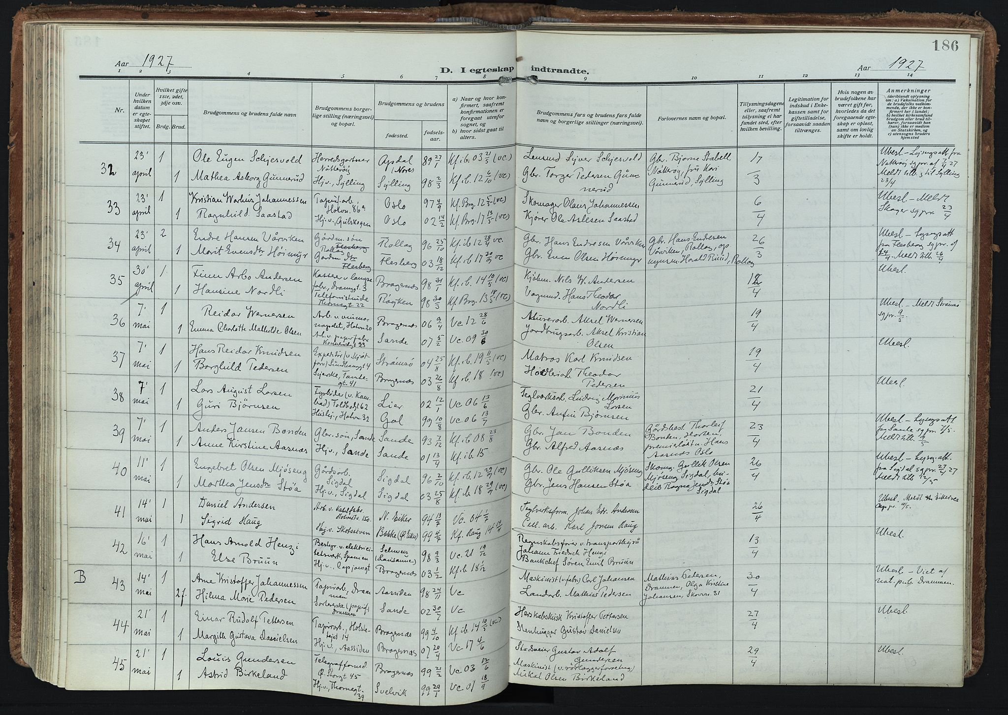Bragernes kirkebøker, SAKO/A-6/F/Fc/L0009: Parish register (official) no. III 9, 1921-1939, p. 186