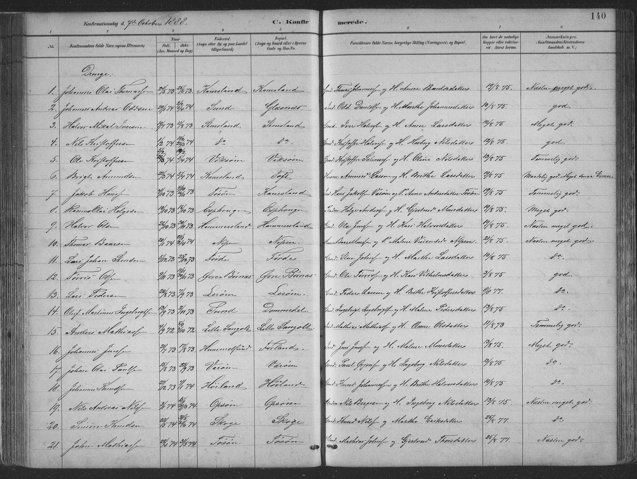 Sund sokneprestembete, AV/SAB-A-99930: Parish register (copy) no. B 3, 1882-1911, p. 140